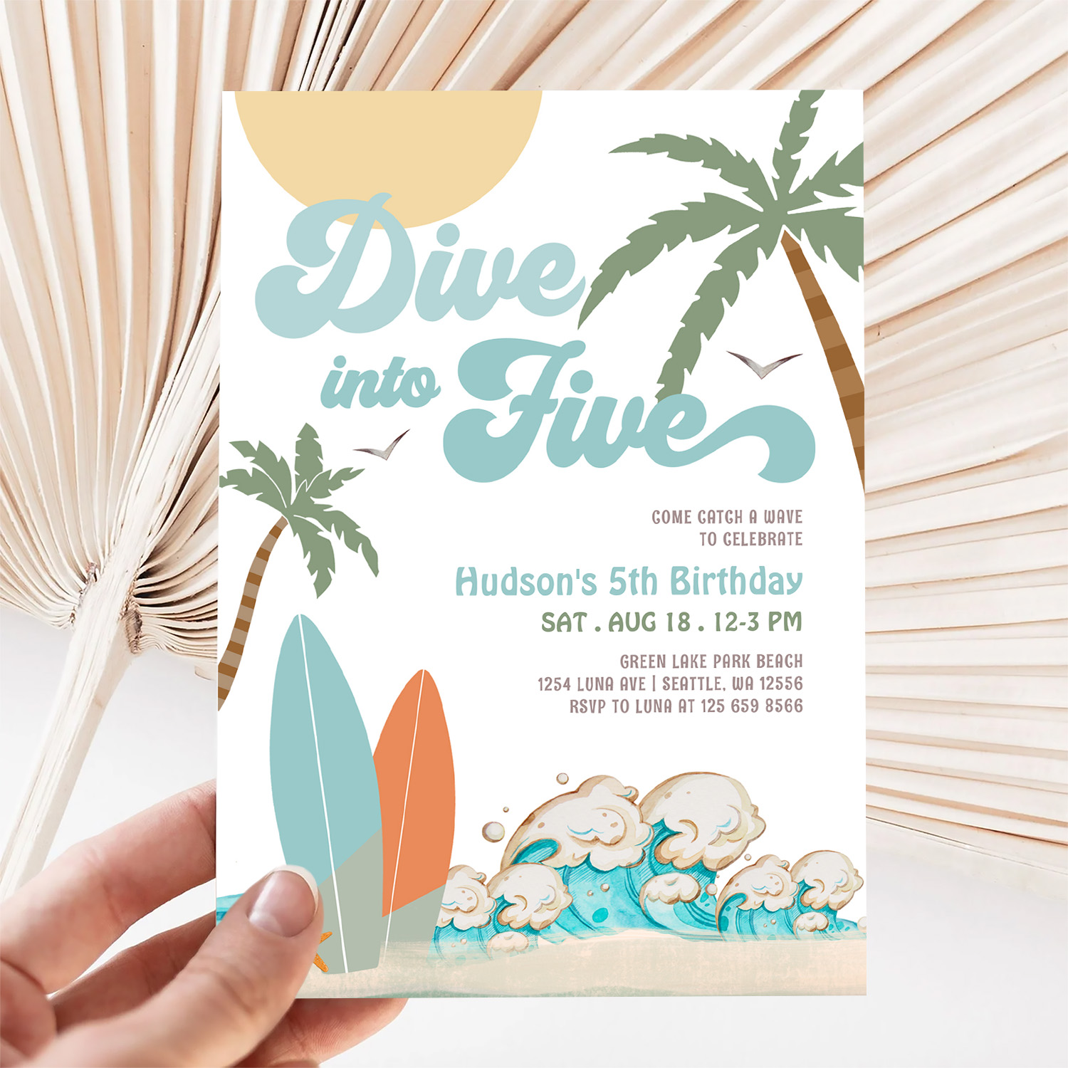 Dive Into Five Surfing Boy 5th Birthday Party Invitation - Image 5