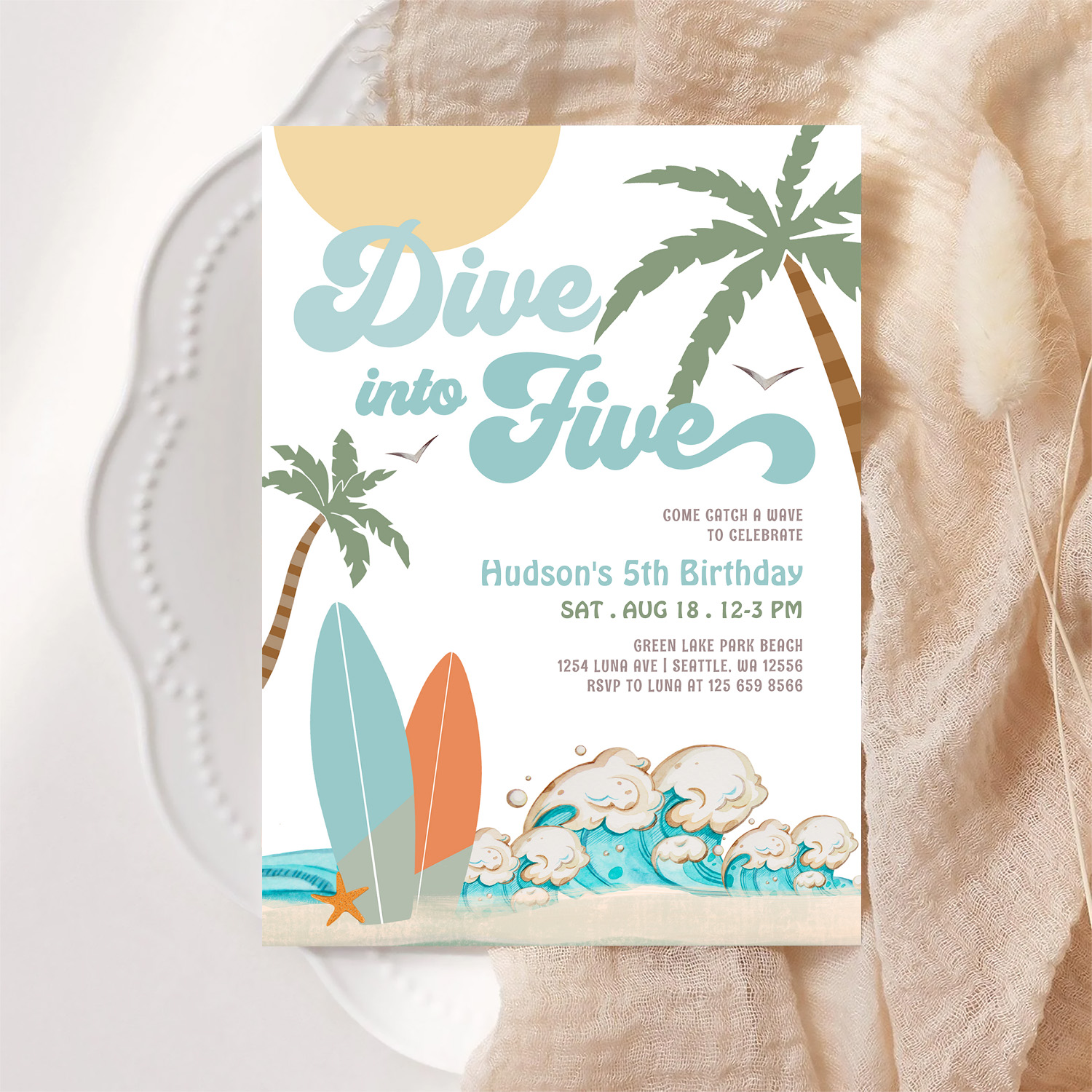 Dive Into Five Surfing Boy 5th Birthday Party Invitation - Image 6