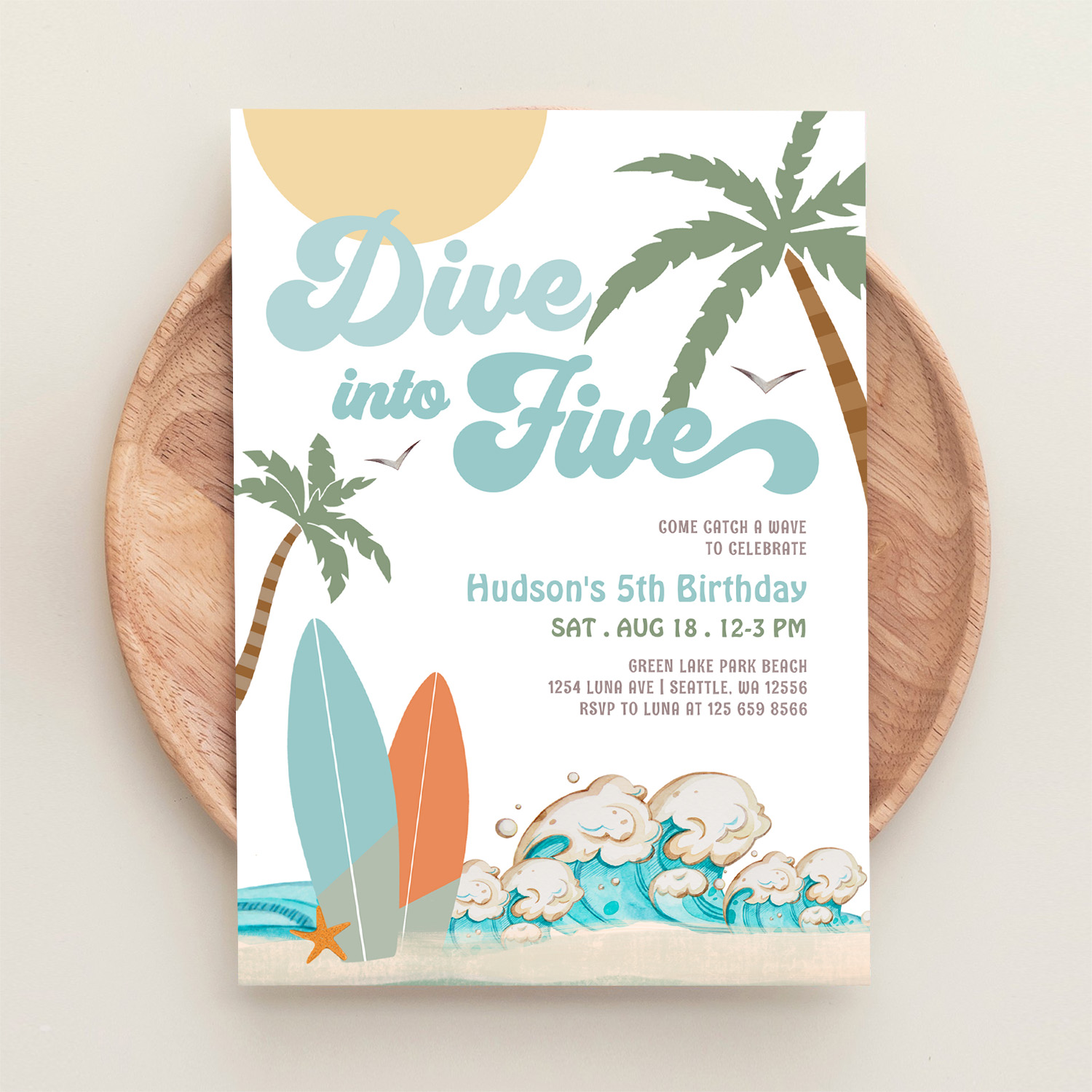 Dive Into Five Surfing Boy 5th Birthday Party Invitation - Image 7