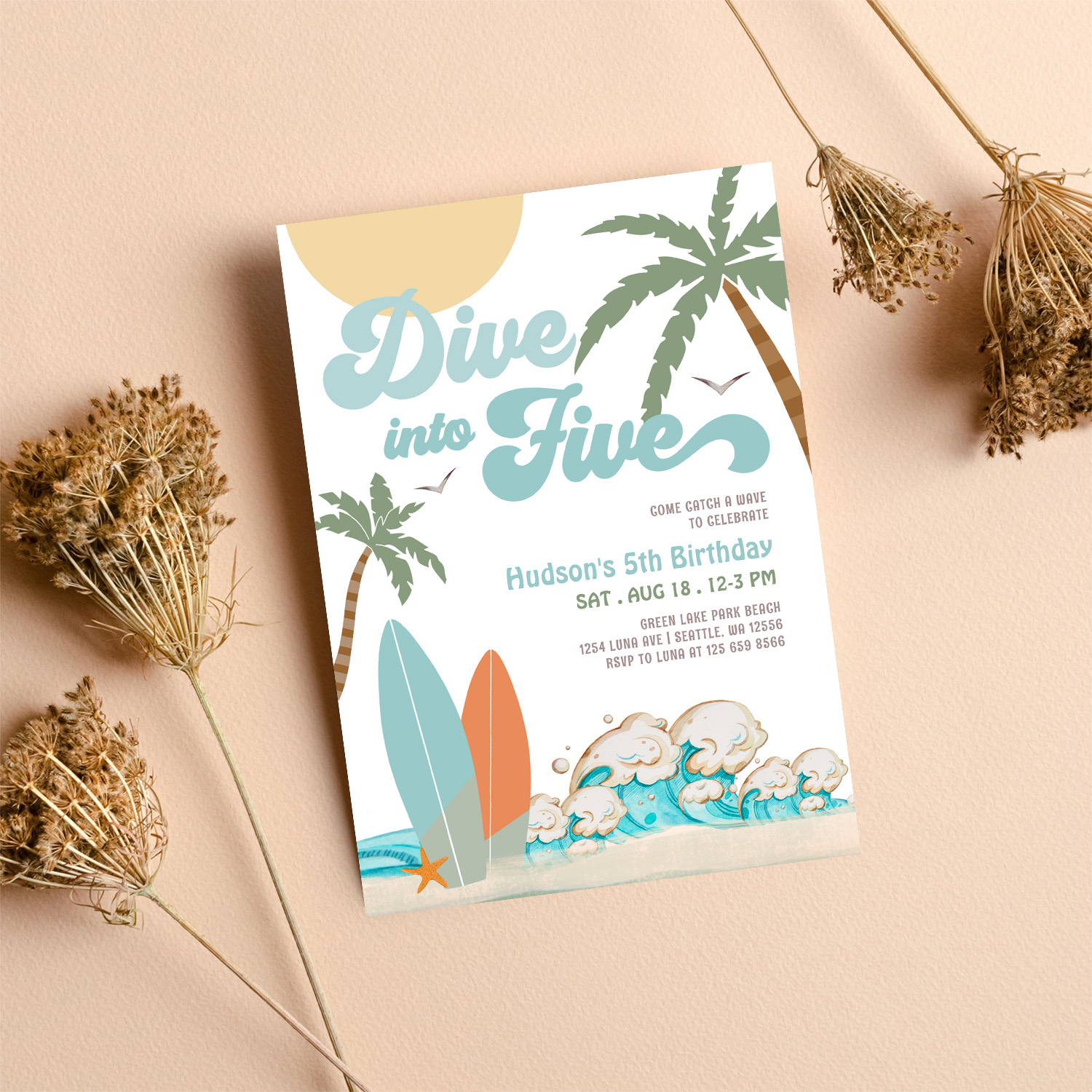 Dive Into Five Surfing Boy 5th Birthday Party Invitation - Image 8