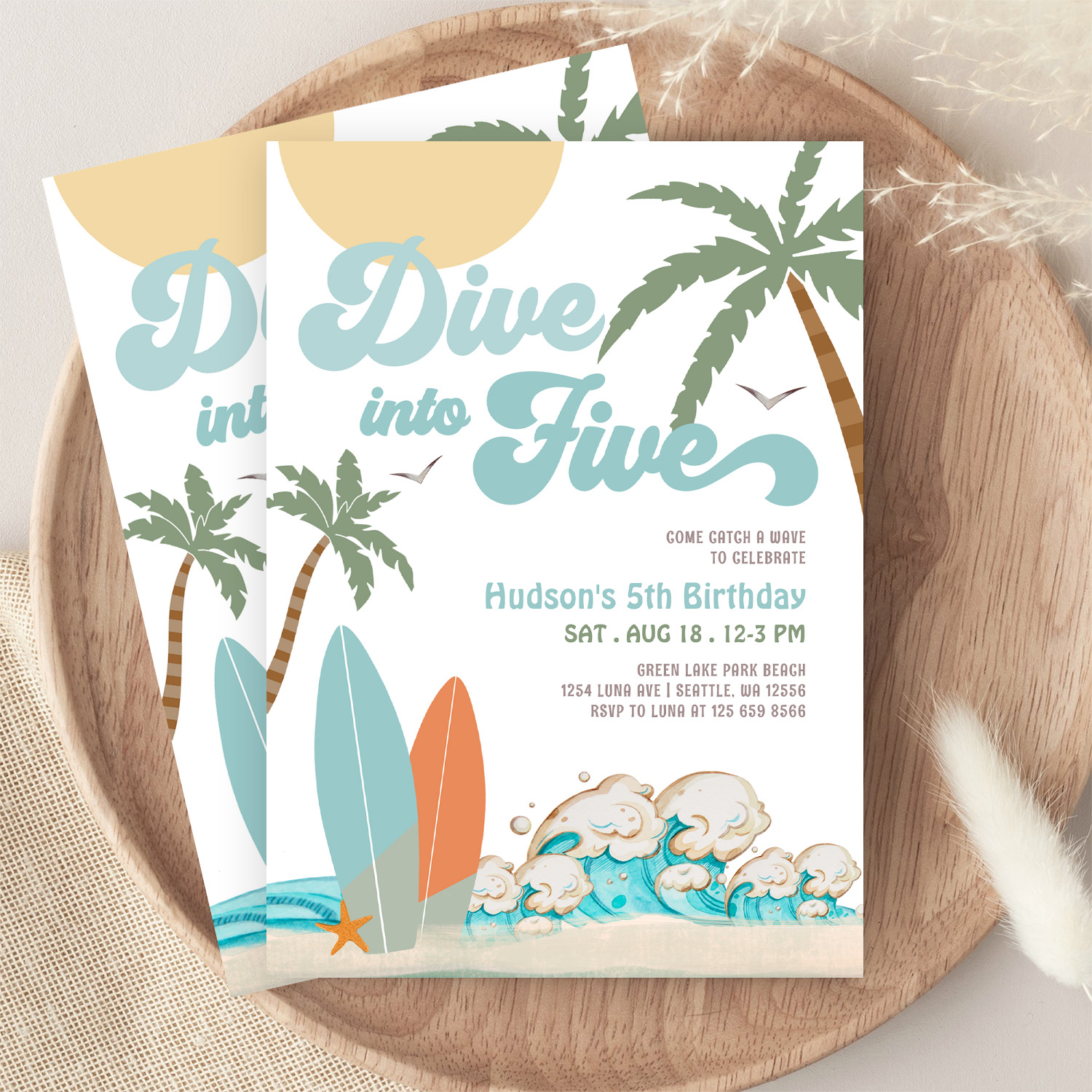 Dive Into Five Surfing Boy 5th Birthday Party Invitation - Image 9