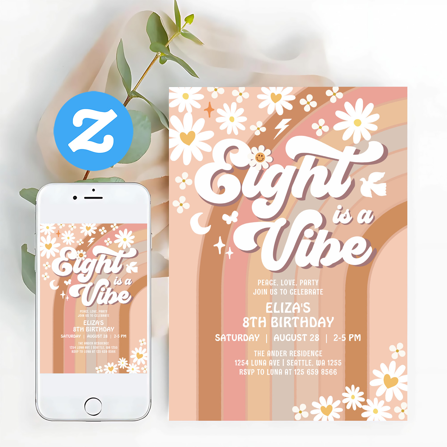 Eight Is A Vibe Birthday Invite Hippie Birthday