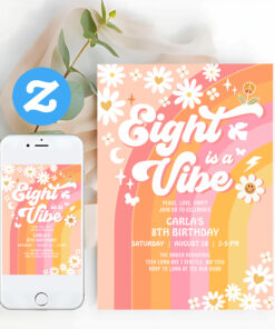 Eight Is A Vibe Pink Peach 8th Groovy Birthday Invitation