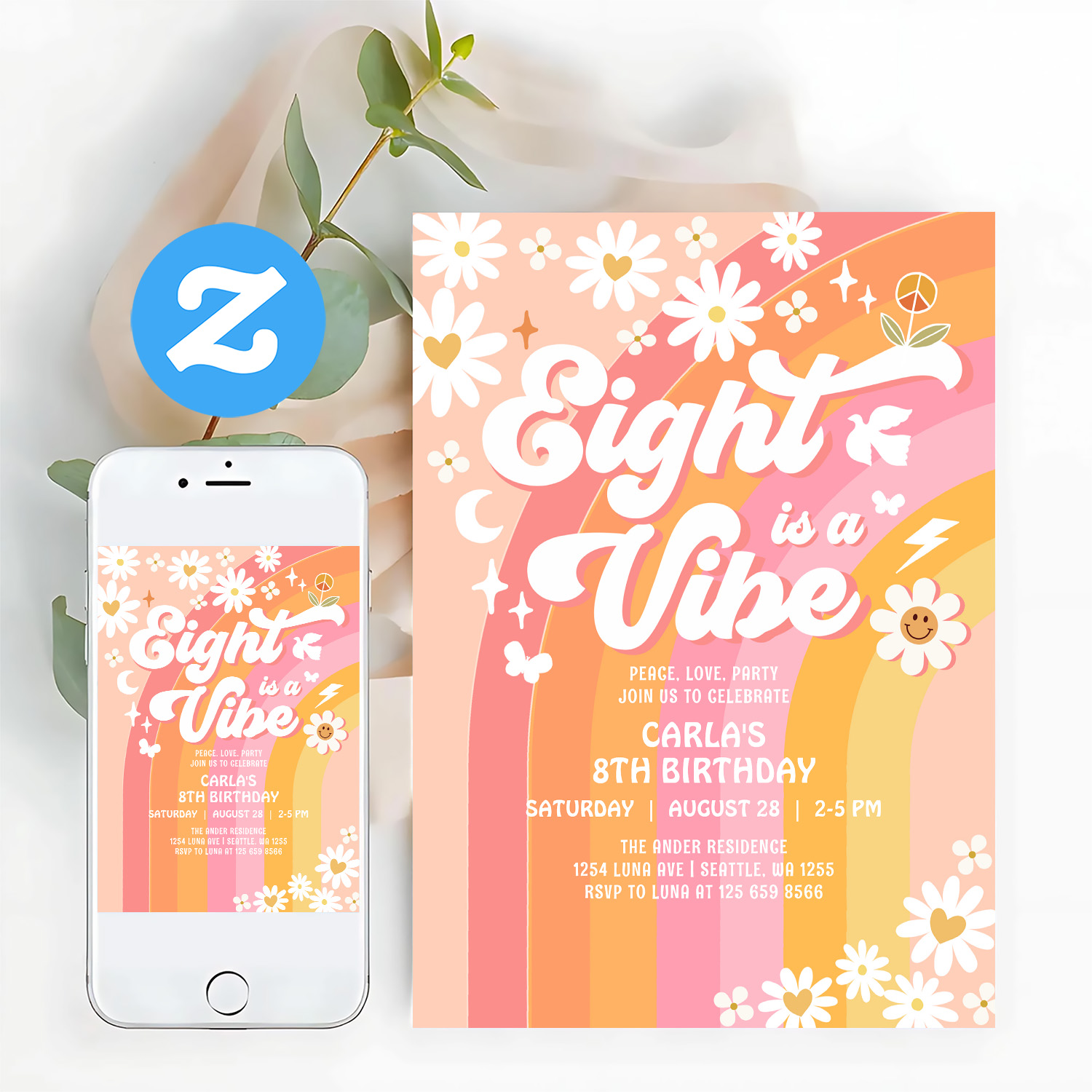 Eight Is A Vibe Pink Peach 8th Groovy Birthday Invitation