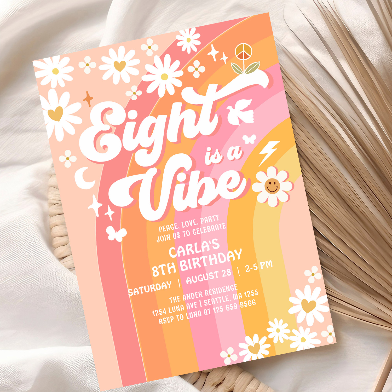 Eight Is A Vibe Pink Peach 8th Groovy Birthday Invitation - Image 10