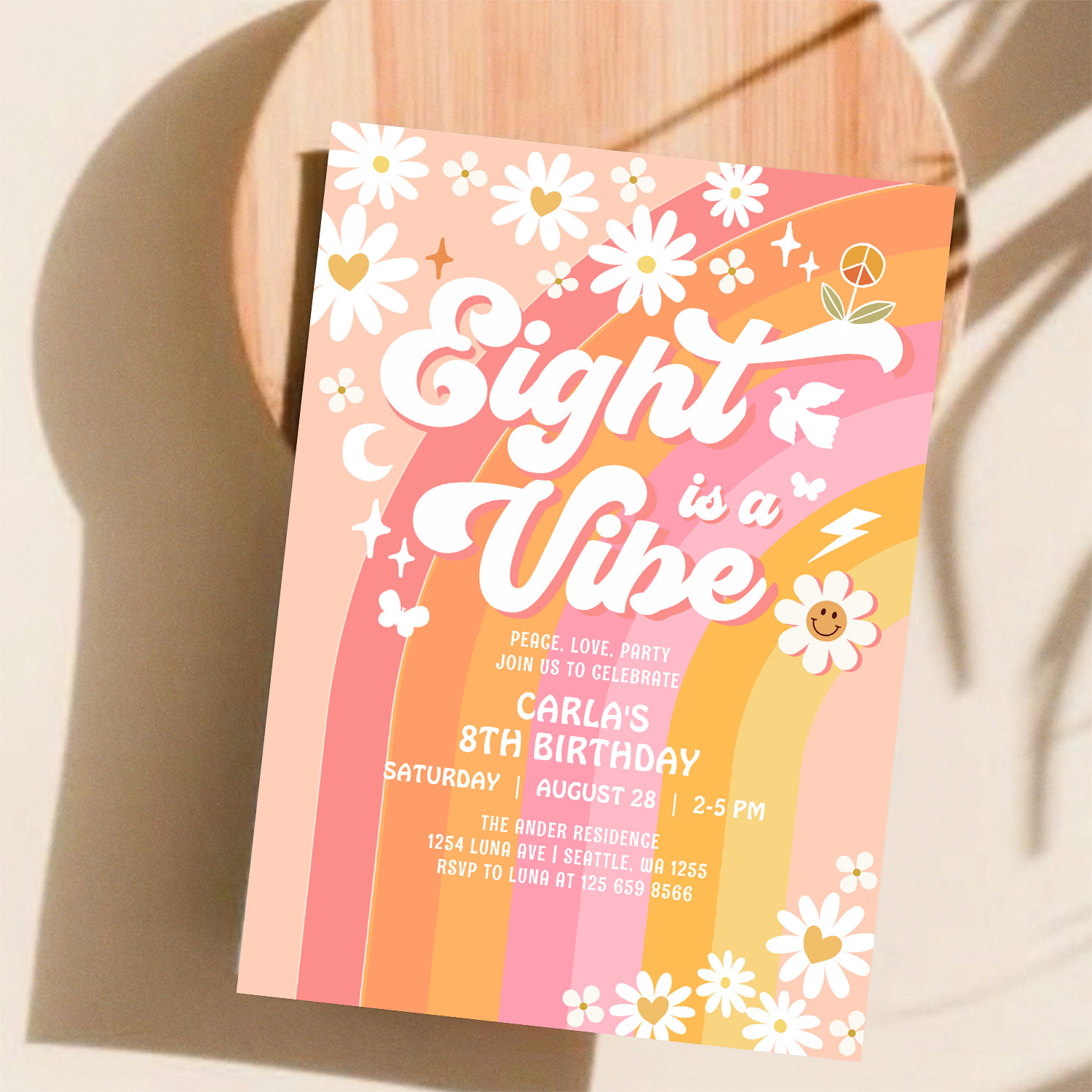 Eight Is A Vibe Pink Peach 8th Groovy Birthday Invitation - Image 11