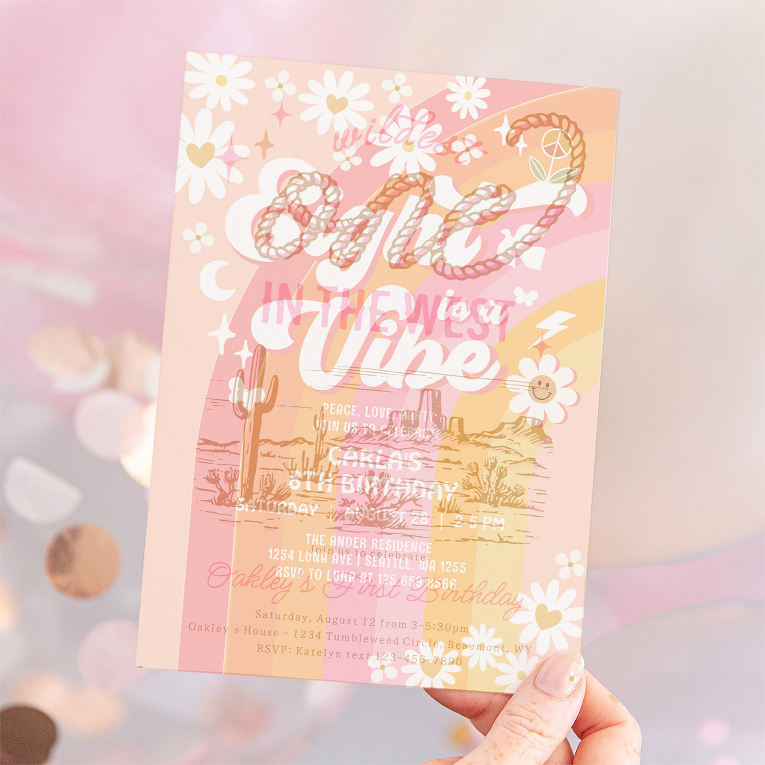 Eight Is A Vibe Pink Peach 8th Groovy Birthday Invitation - Image 12