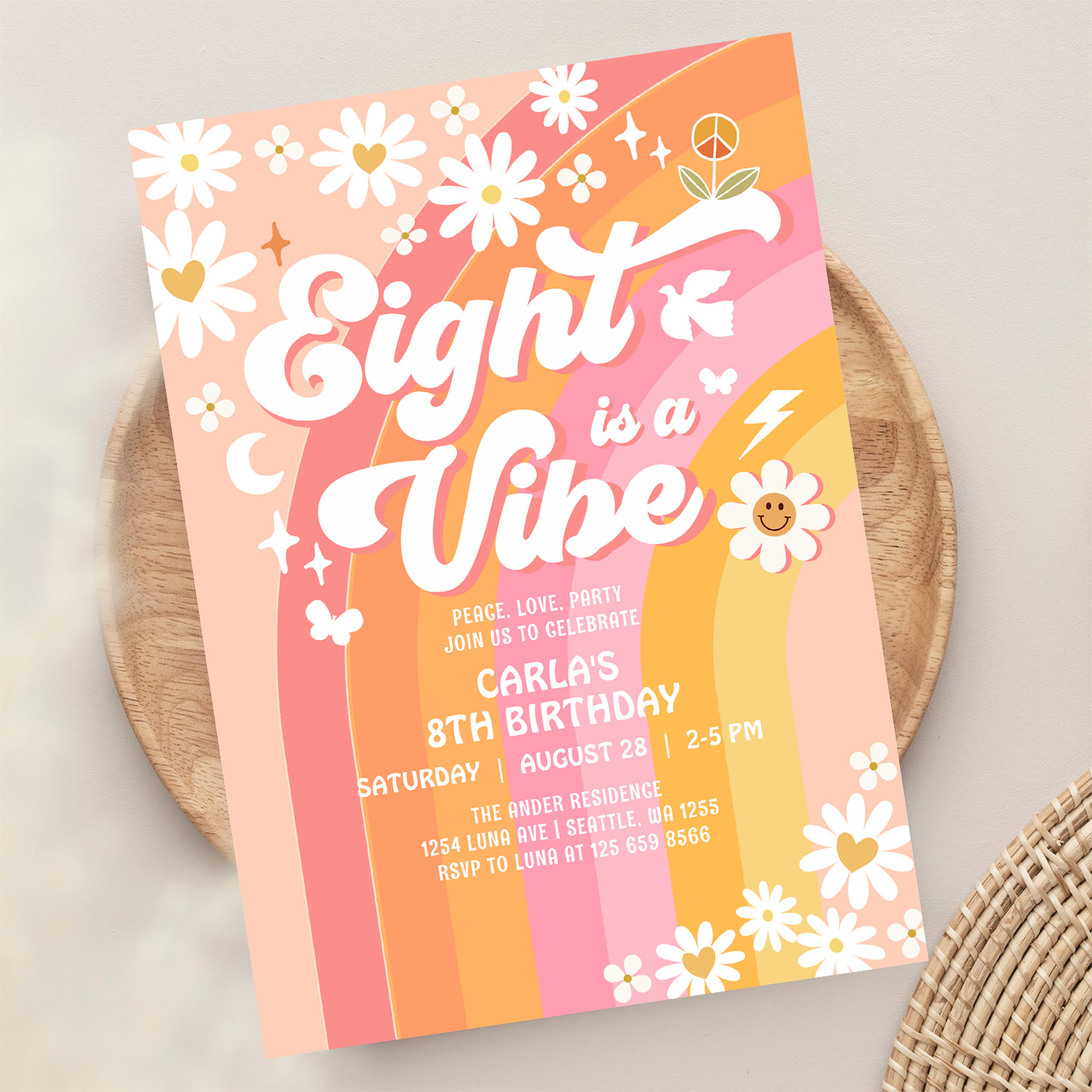 Eight Is A Vibe Pink Peach 8th Groovy Birthday Invitation - Image 13