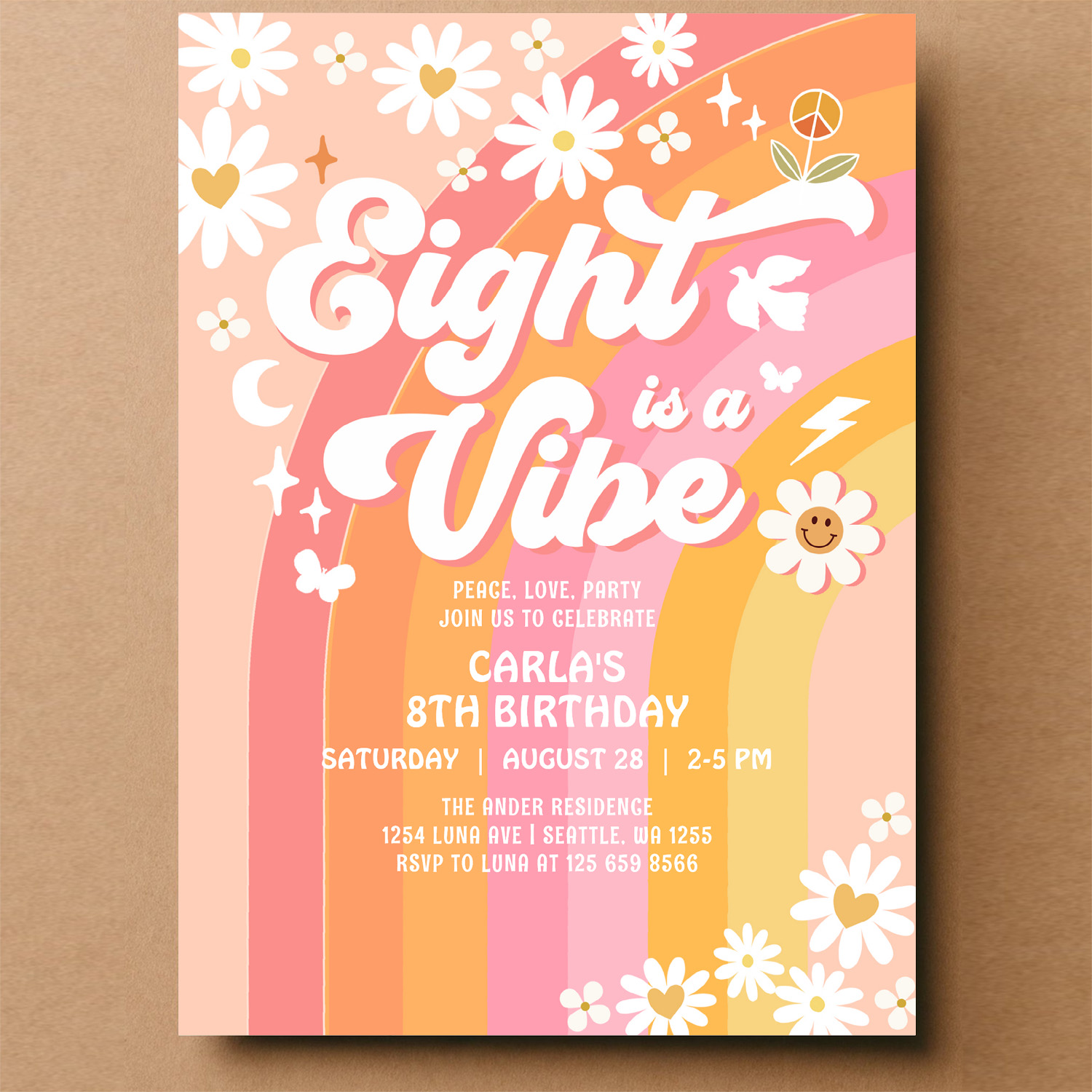 Eight Is A Vibe Pink Peach 8th Groovy Birthday Invitation - Image 14