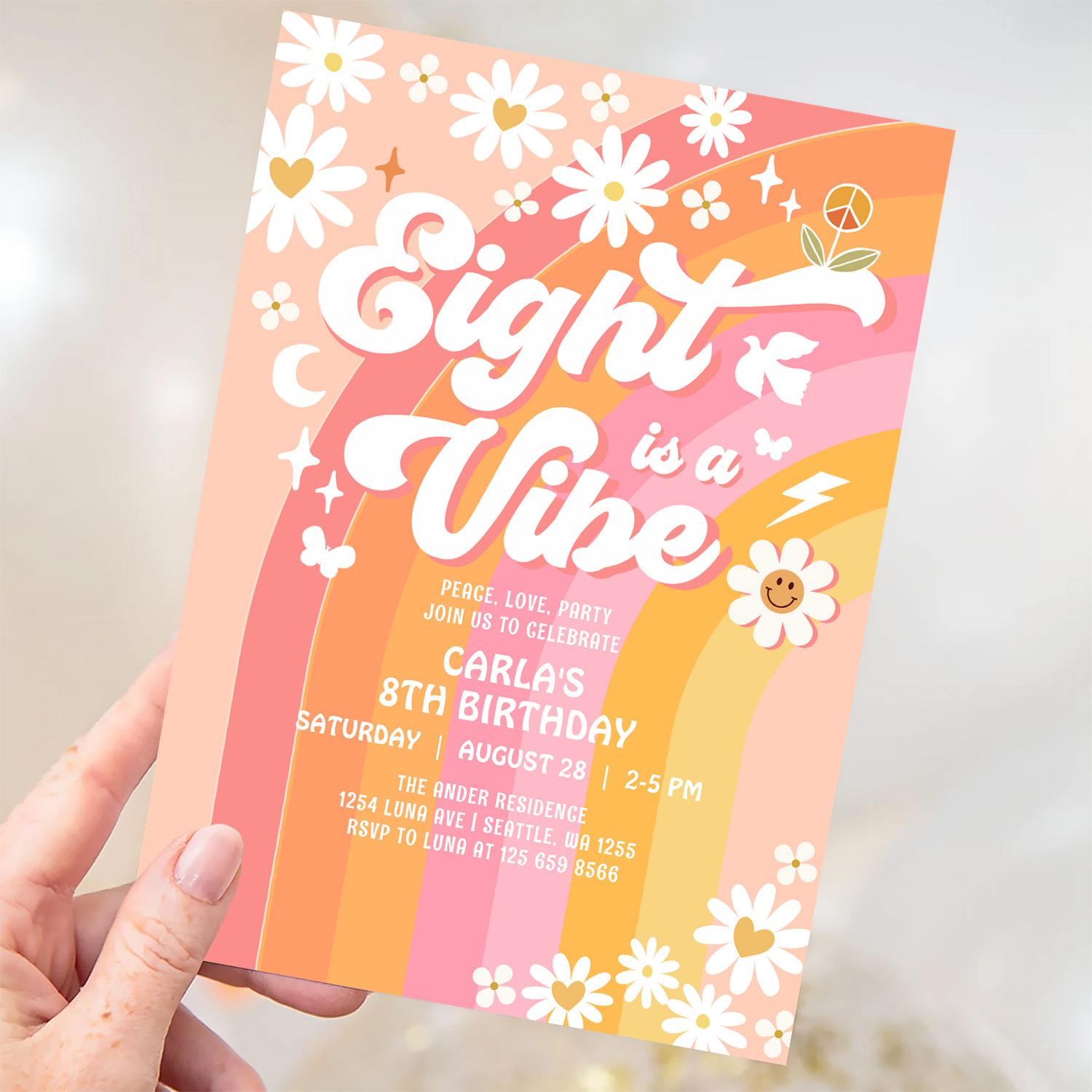 Eight Is A Vibe Pink Peach 8th Groovy Birthday Invitation - Image 3