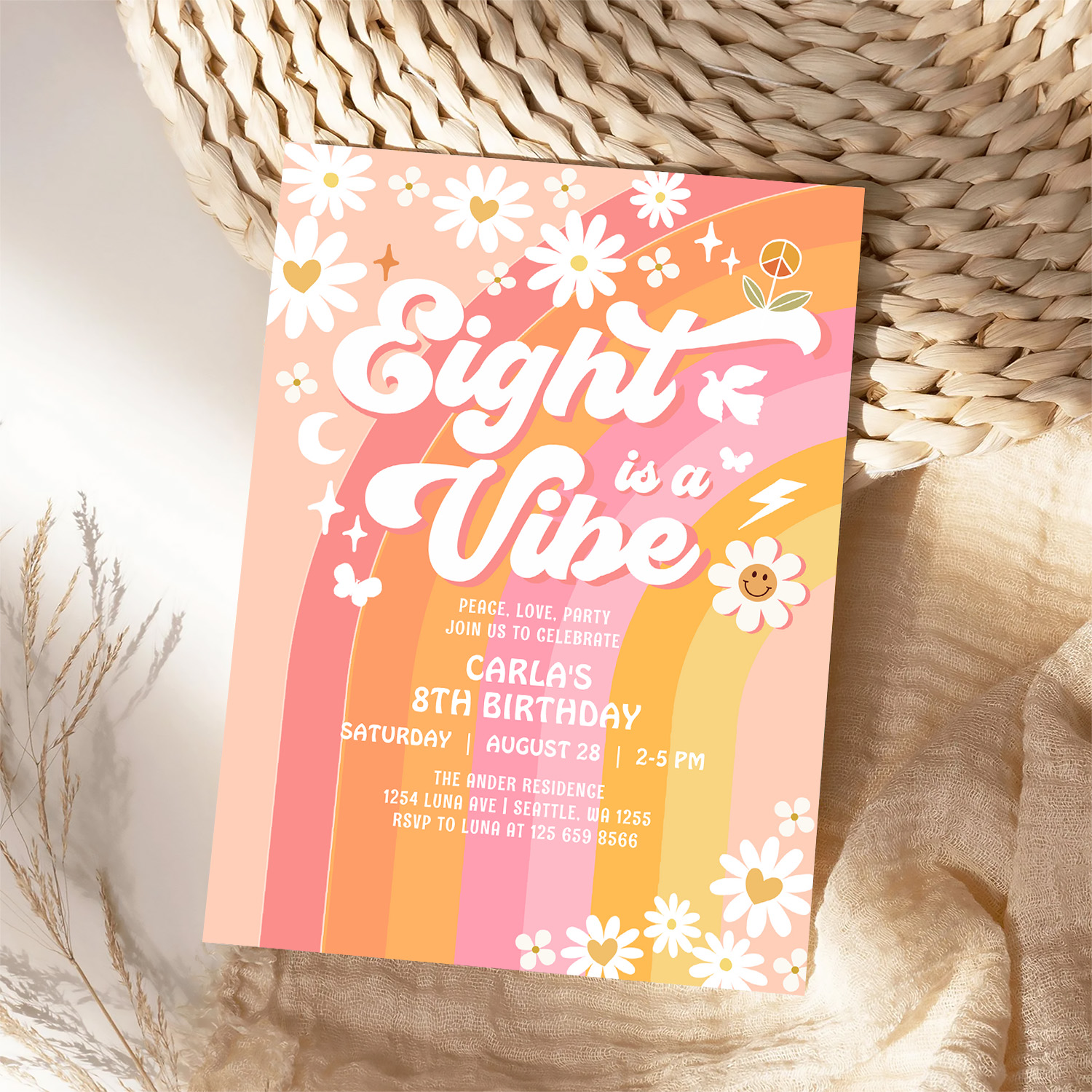 Eight Is A Vibe Pink Peach 8th Groovy Birthday Invitation - Image 4