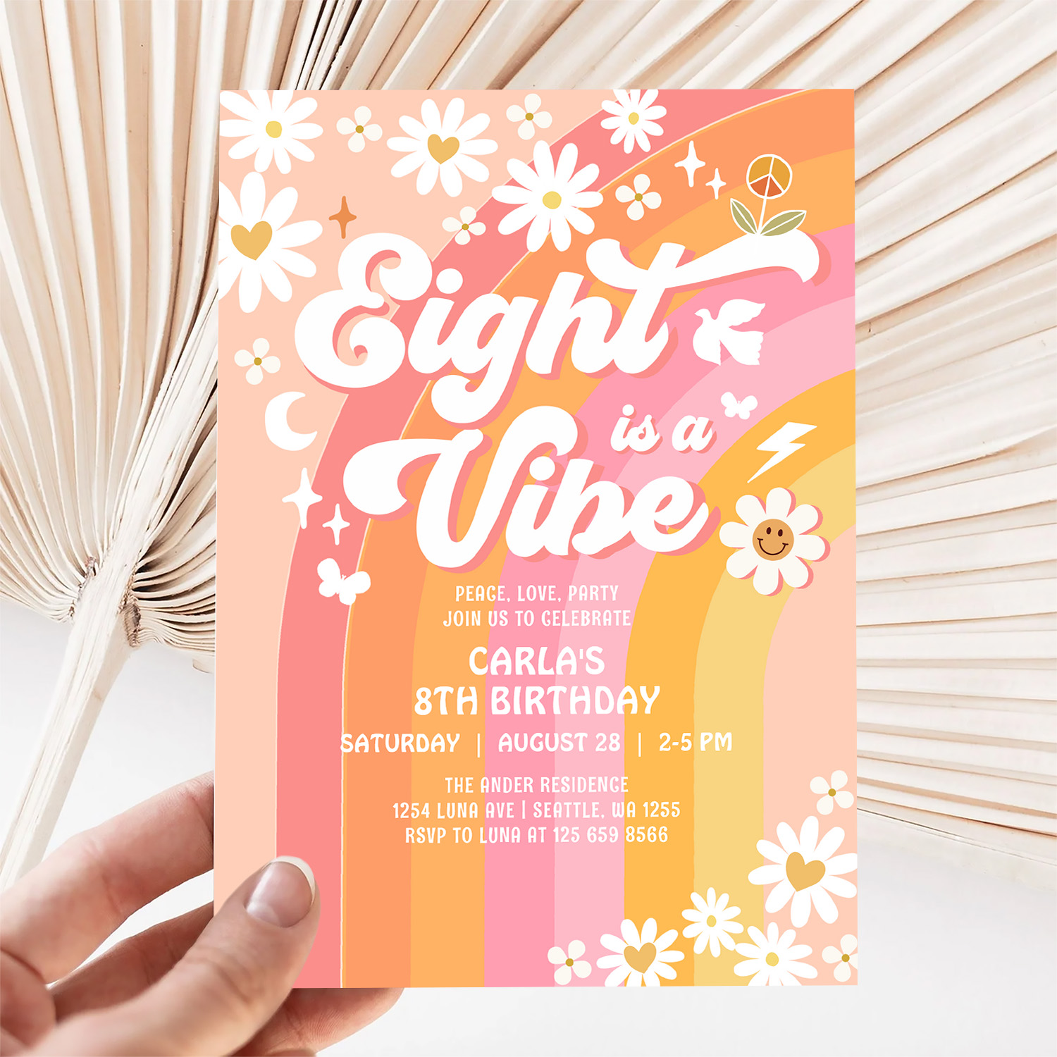 Eight Is A Vibe Pink Peach 8th Groovy Birthday Invitation - Image 5
