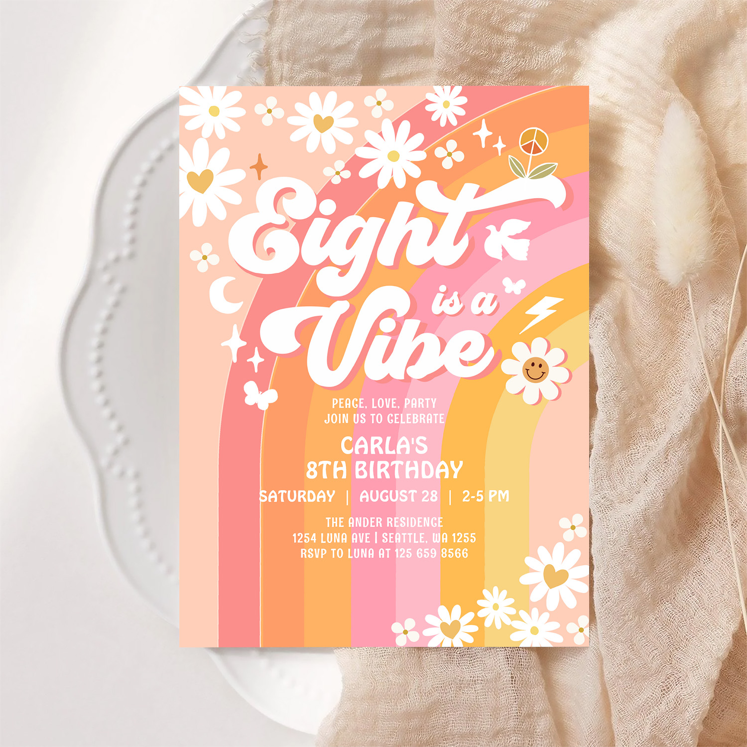 Eight Is A Vibe Pink Peach 8th Groovy Birthday Invitation - Image 6
