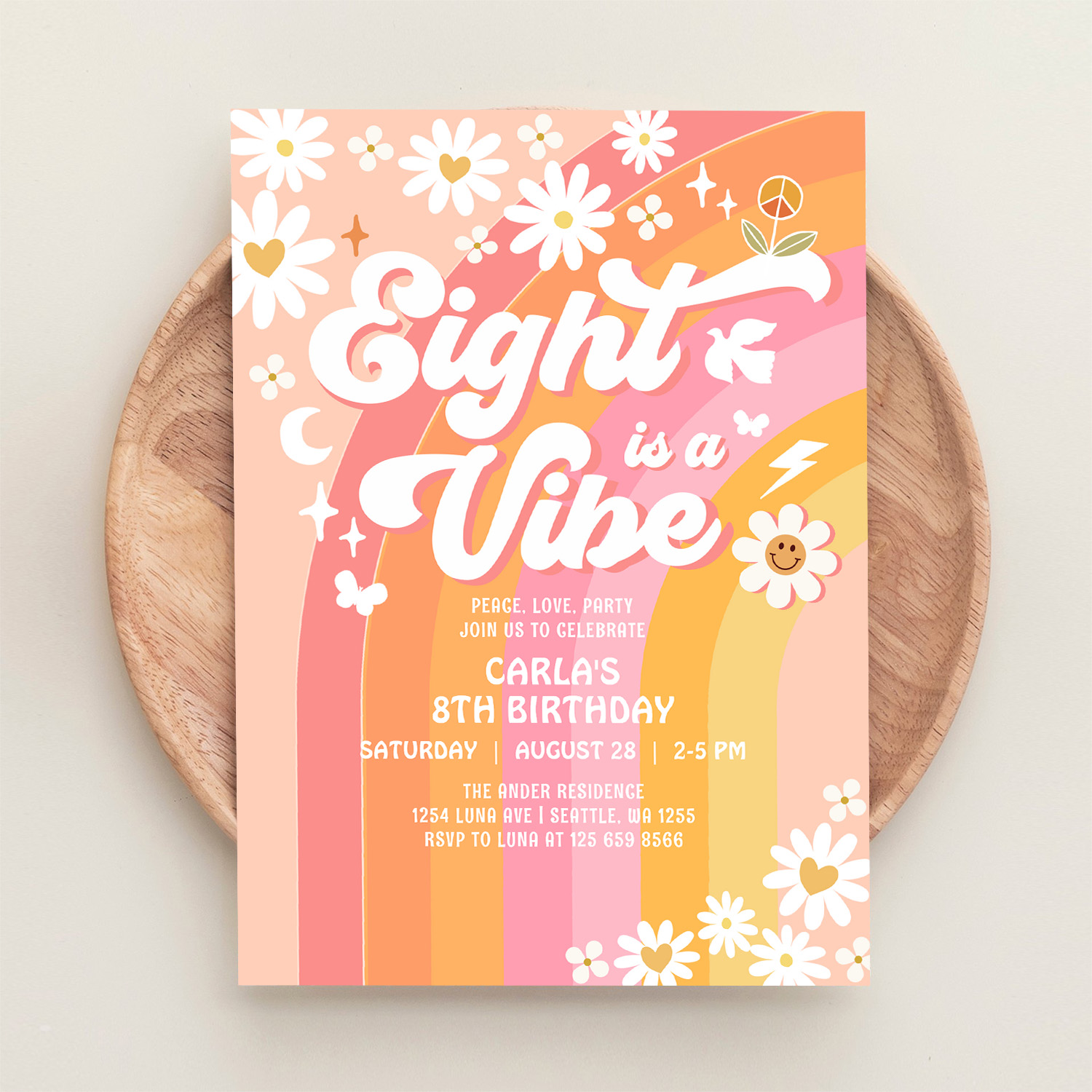 Eight Is A Vibe Pink Peach 8th Groovy Birthday Invitation - Image 7