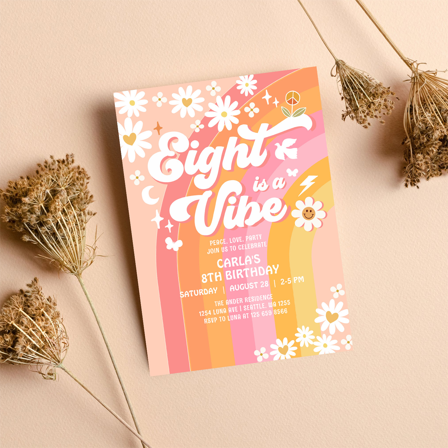 Eight Is A Vibe Pink Peach 8th Groovy Birthday Invitation - Image 8