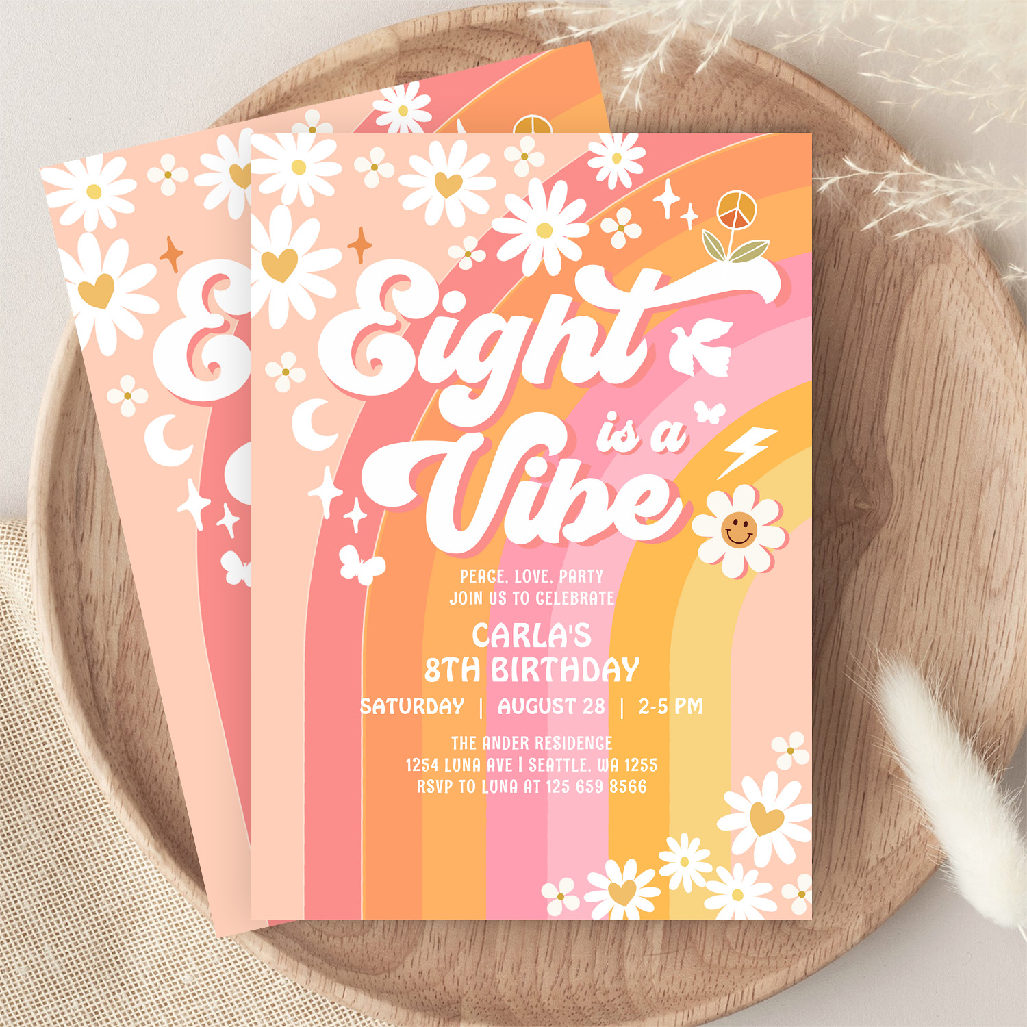 Eight Is A Vibe Pink Peach 8th Groovy Birthday Invitation - Image 9