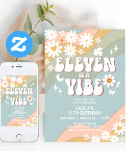 Eleven Is A Vibe Daisy Hippie 70S Retro Birthday Invitation
