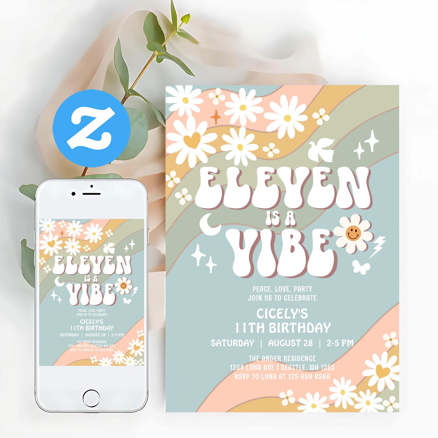 Eleven Is A Vibe Daisy Hippie 70S Retro Birthday Invitation