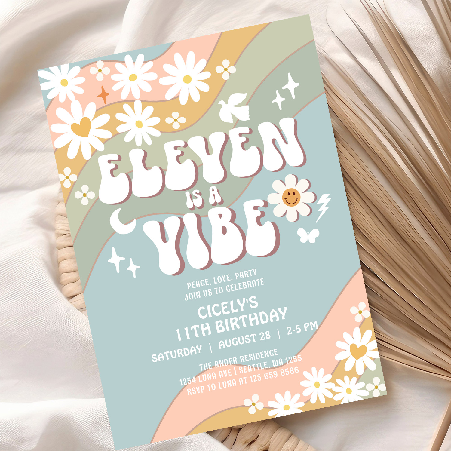 Eleven Is A Vibe Daisy Hippie 70S Retro Birthday Invitation - Image 10