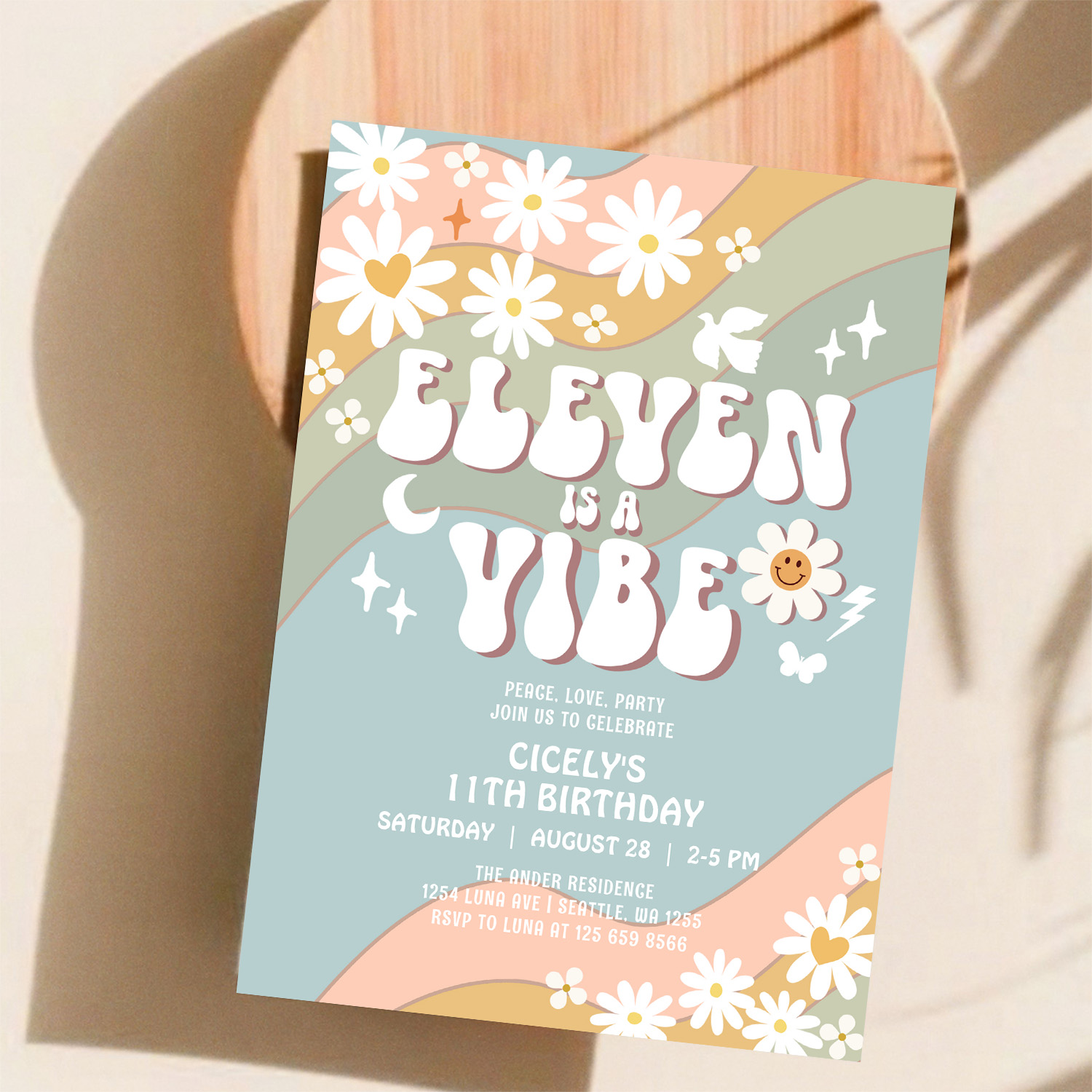Eleven Is A Vibe Daisy Hippie 70S Retro Birthday Invitation - Image 11