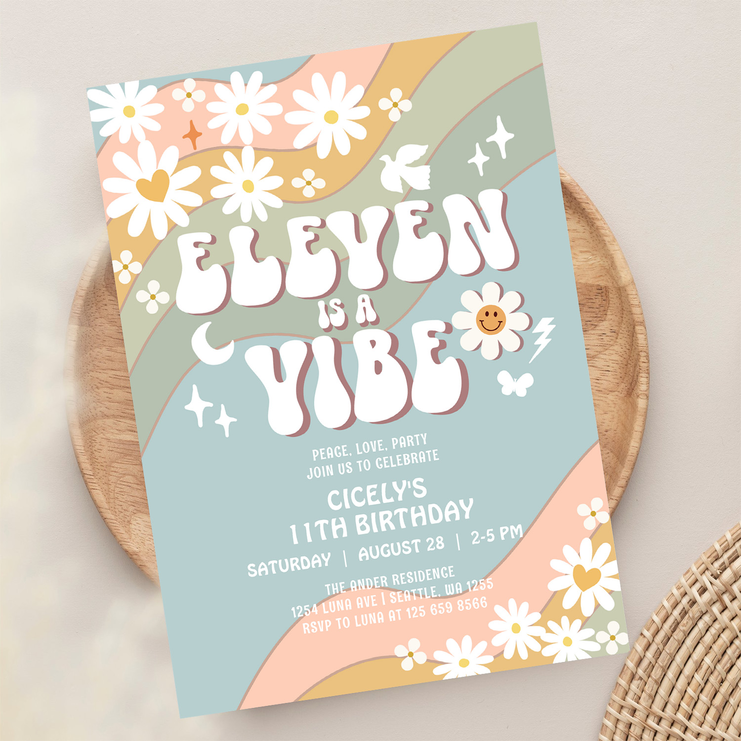 Eleven Is A Vibe Daisy Hippie 70S Retro Birthday Invitation - Image 13