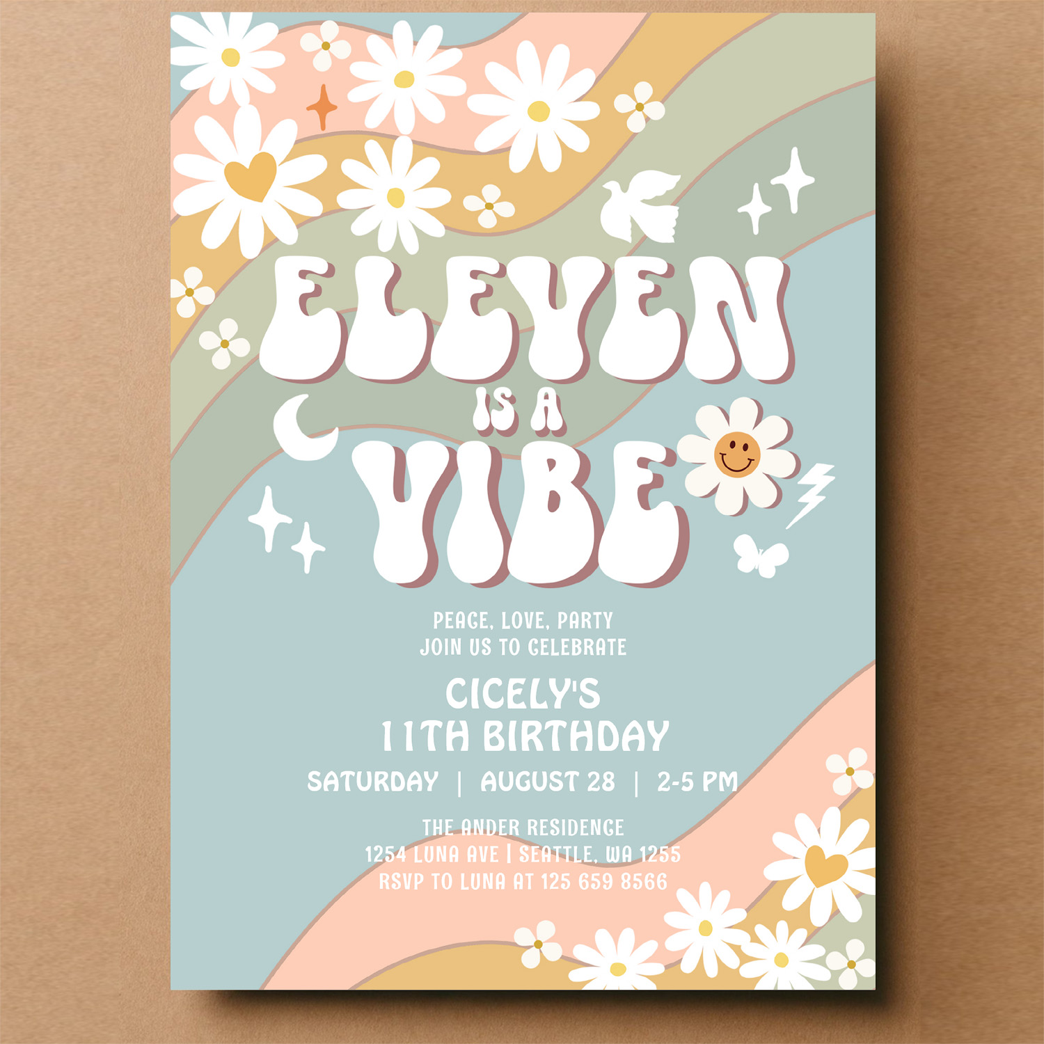 Eleven Is A Vibe Daisy Hippie 70S Retro Birthday Invitation - Image 14