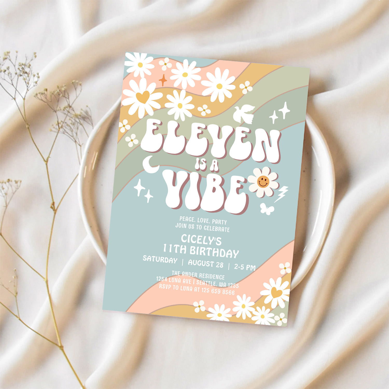 Eleven Is A Vibe Daisy Hippie 70S Retro Birthday Invitation - Image 2
