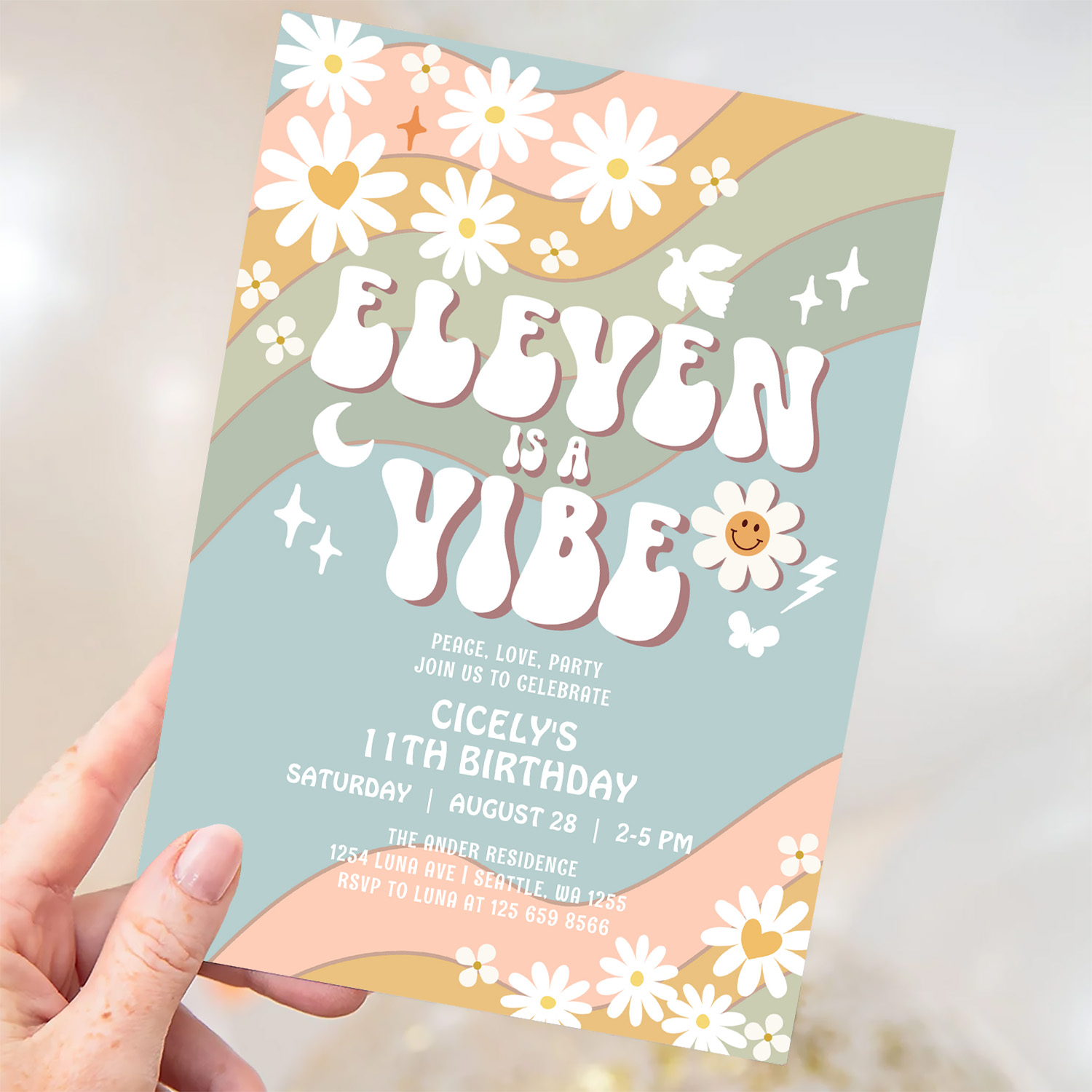 Eleven Is A Vibe Daisy Hippie 70S Retro Birthday Invitation - Image 3