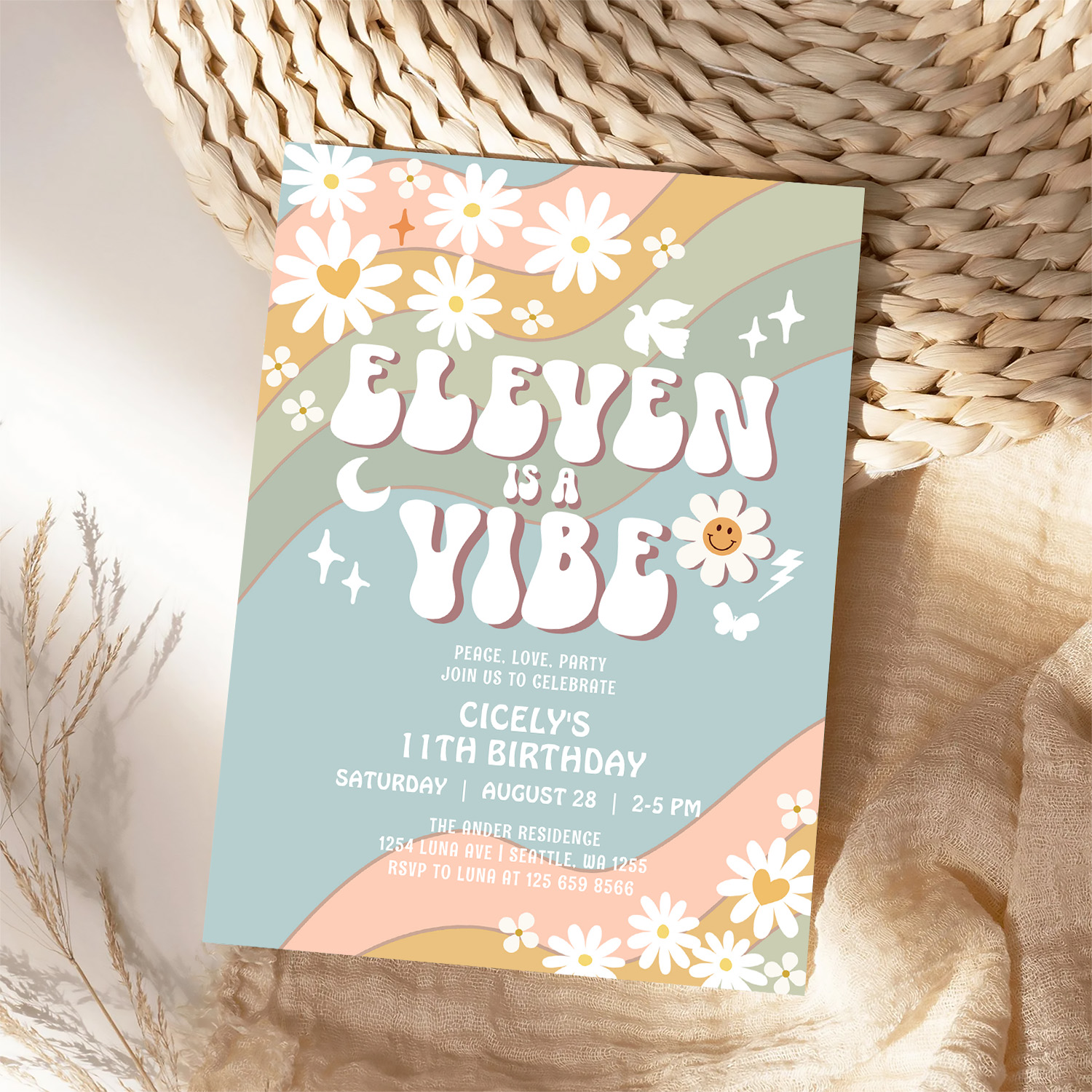 Eleven Is A Vibe Daisy Hippie 70S Retro Birthday Invitation - Image 4