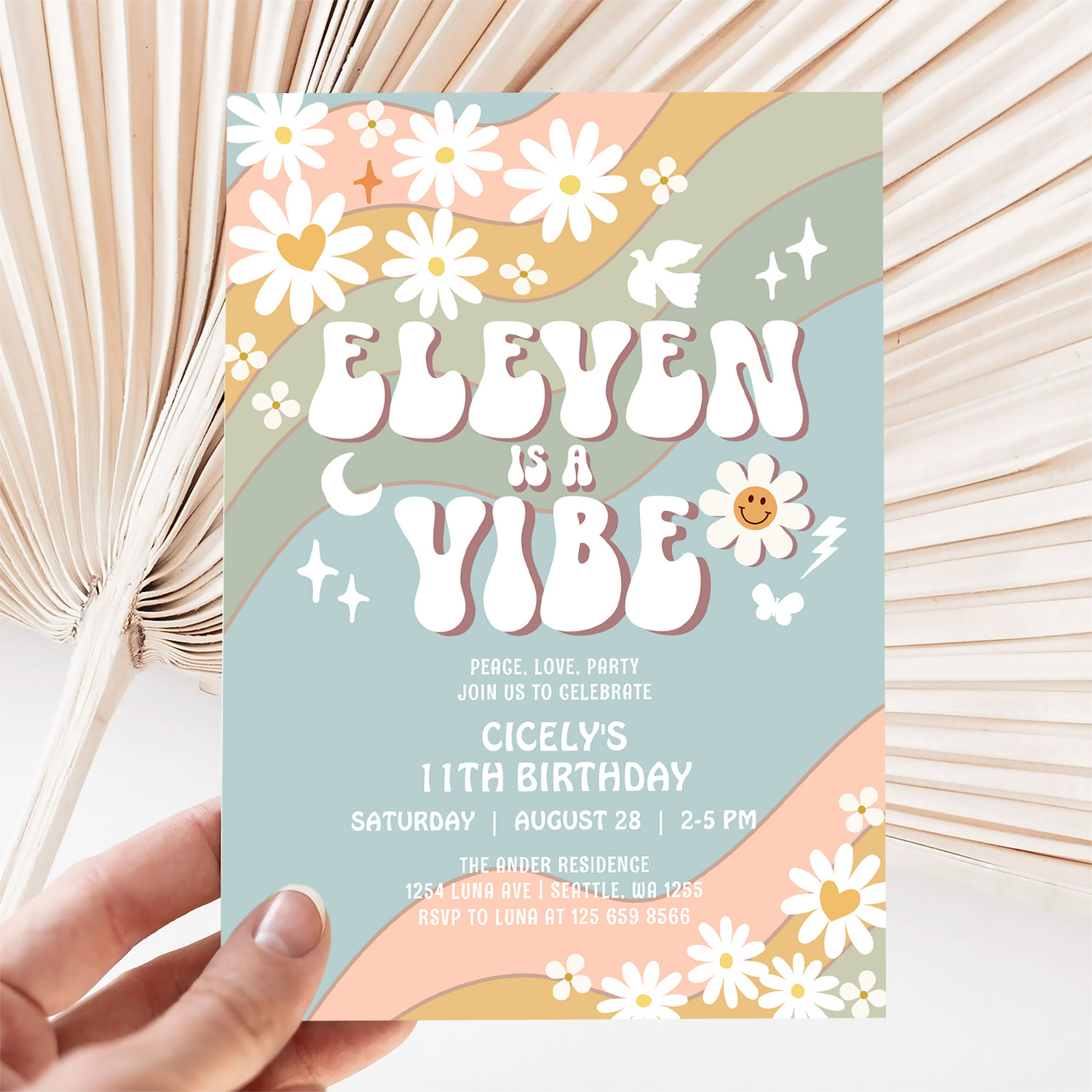 Eleven Is A Vibe Daisy Hippie 70S Retro Birthday Invitation - Image 5