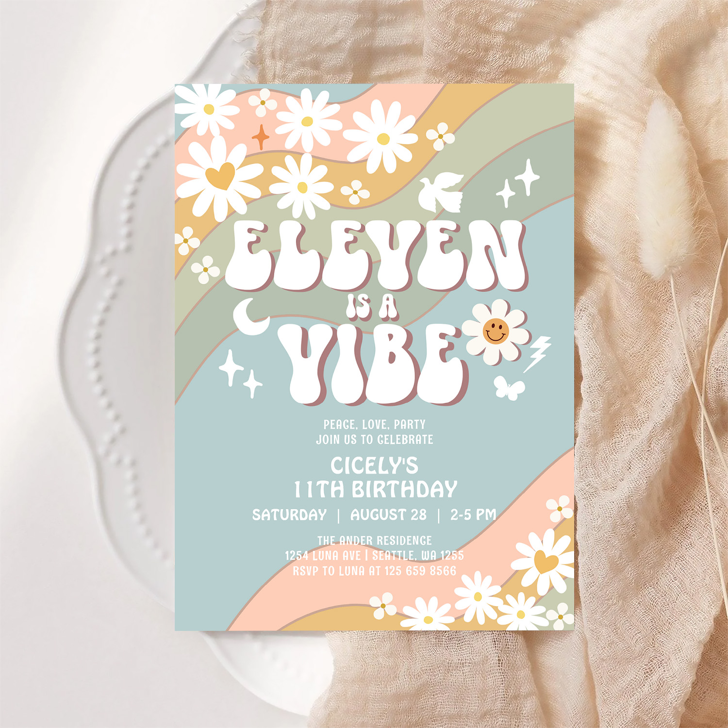 Eleven Is A Vibe Daisy Hippie 70S Retro Birthday Invitation - Image 6