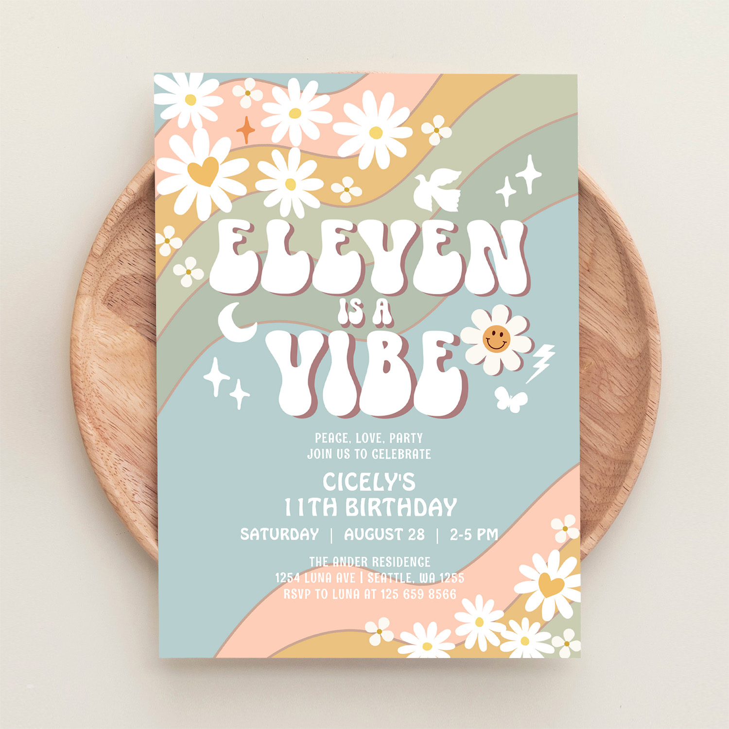 Eleven Is A Vibe Daisy Hippie 70S Retro Birthday Invitation - Image 7