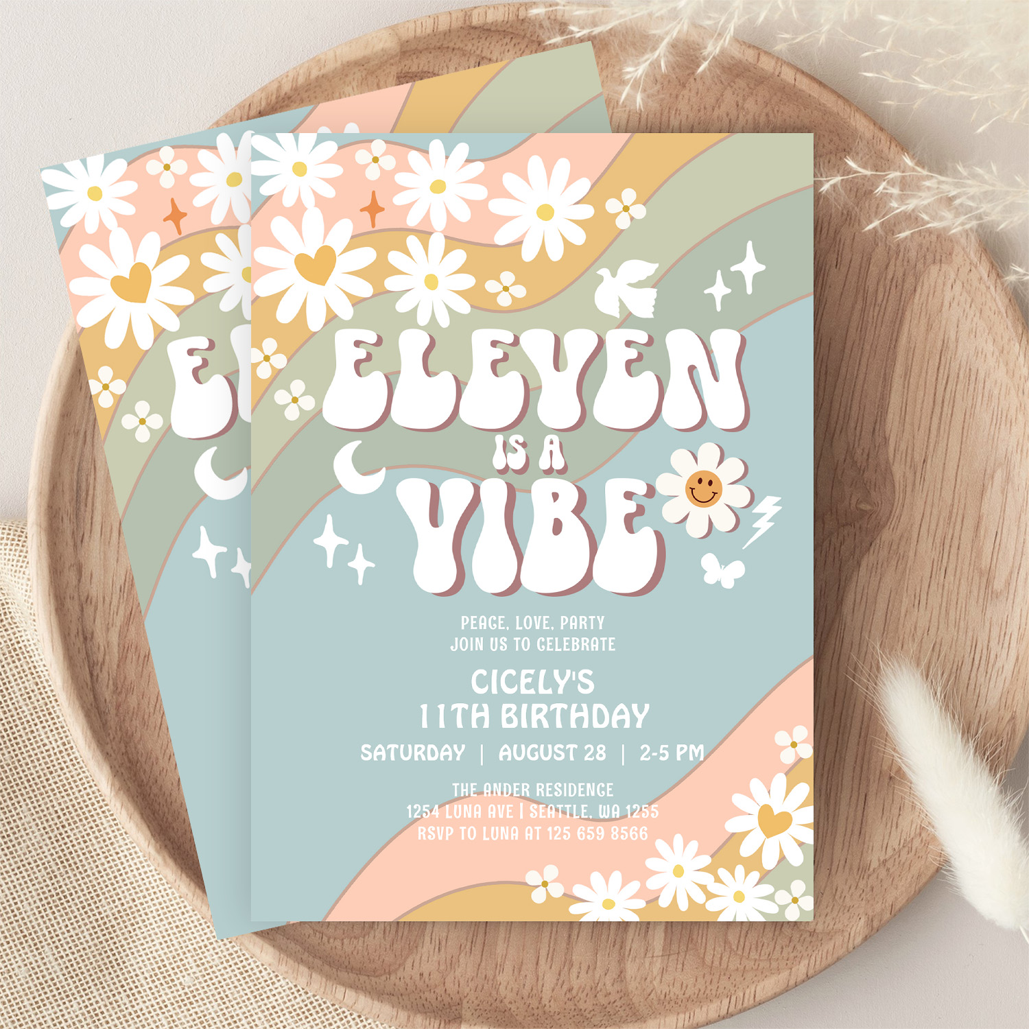Eleven Is A Vibe Daisy Hippie 70S Retro Birthday Invitation - Image 9
