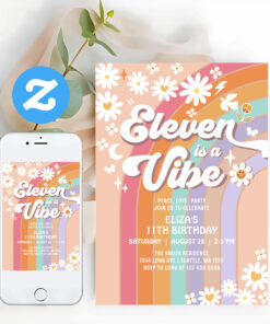 Eleven Is A Vibe Daisy Rainbow Groovy Birthday Invitation