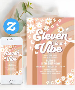 Eleven Is A Vibe Rainbow Hippie 70S Birthday Invitation