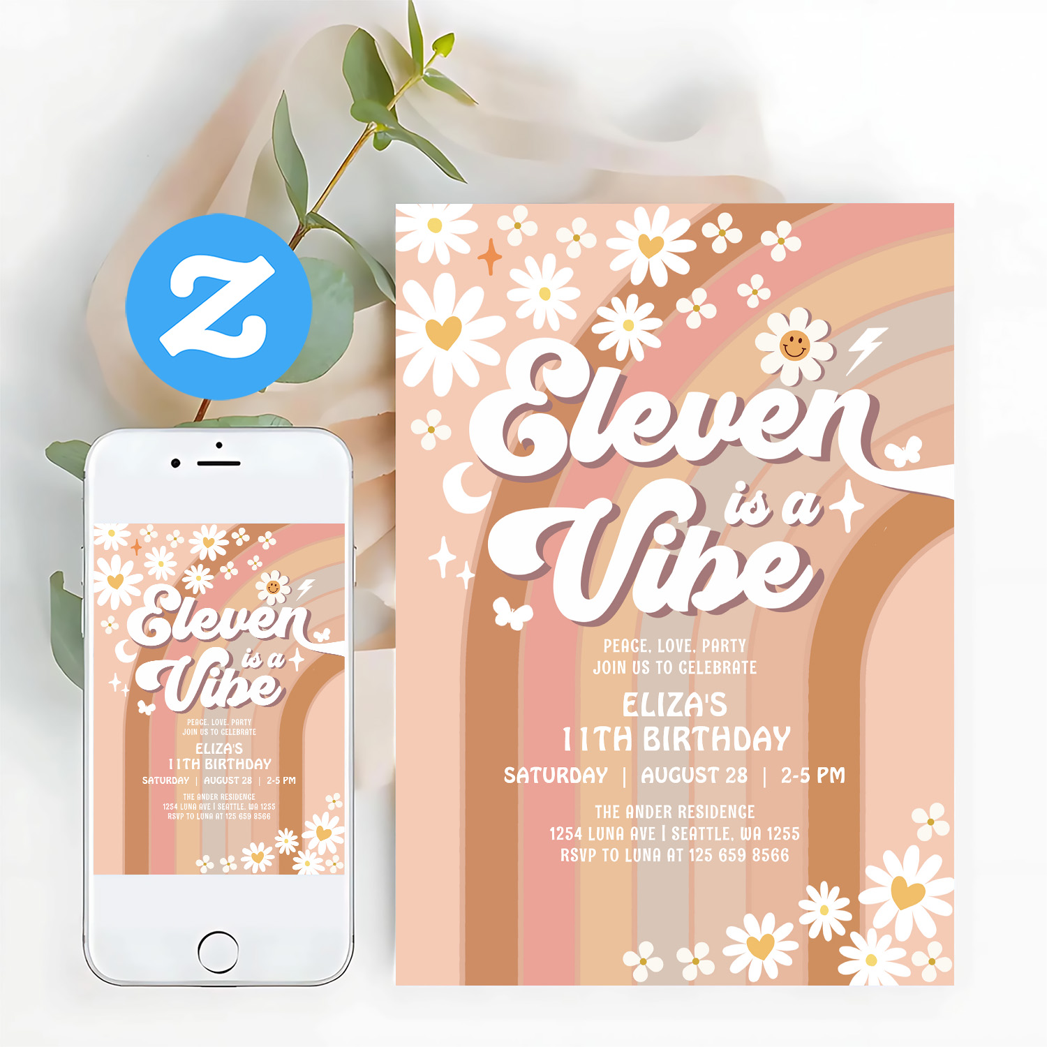 Eleven Is A Vibe Rainbow Hippie 70S Birthday Invitation