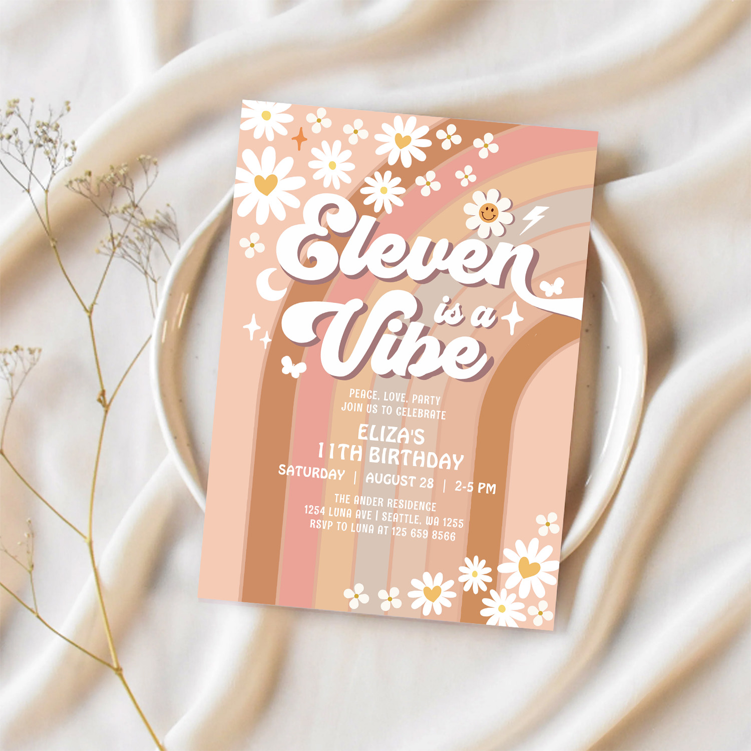 Eleven Is A Vibe Rainbow Hippie 70S Birthday Invitation - Image 2