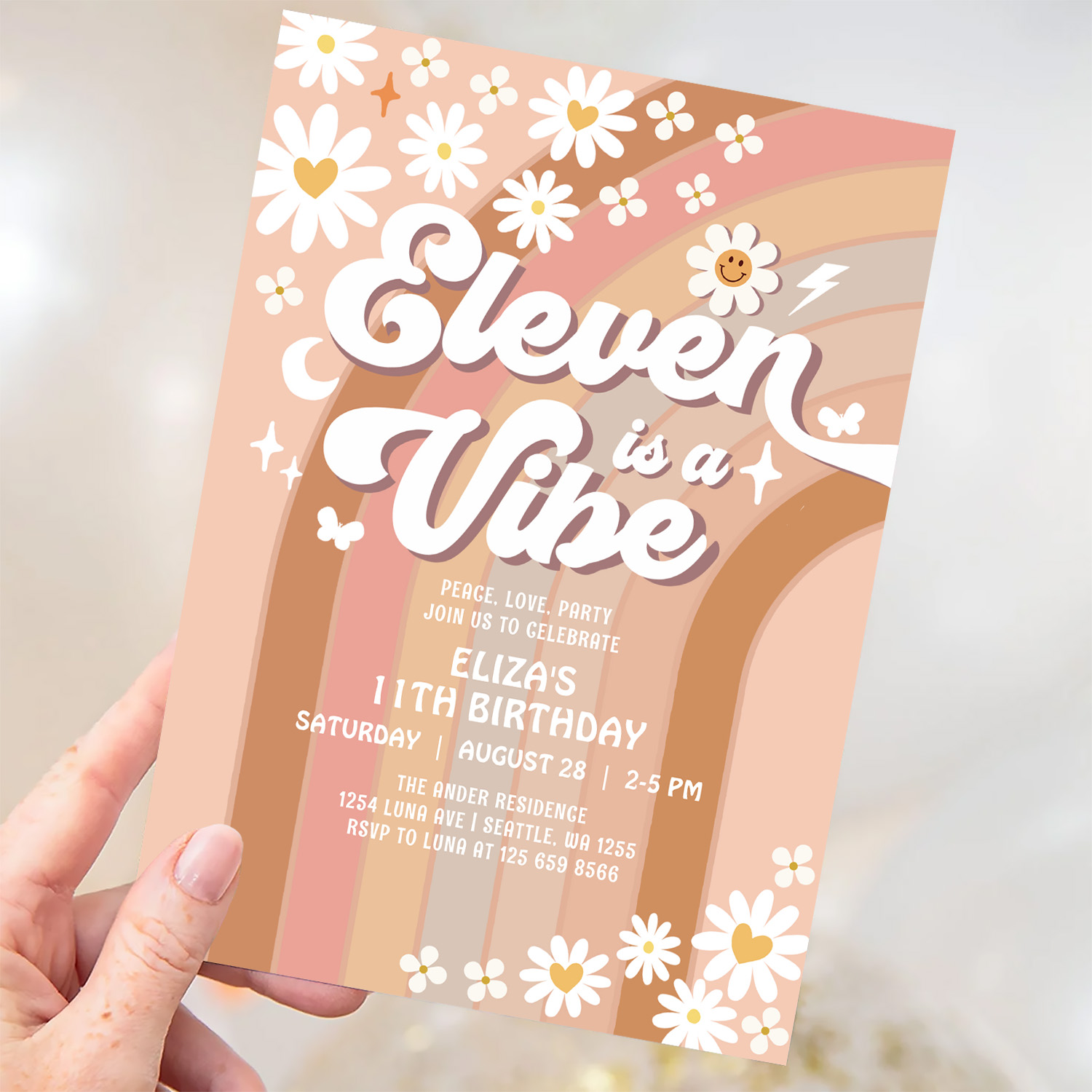 Eleven Is A Vibe Rainbow Hippie 70S Birthday Invitation - Image 3