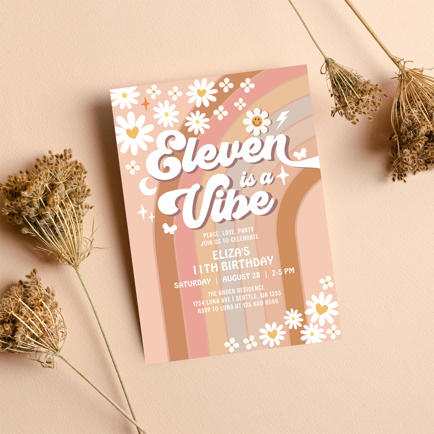 Eleven Is A Vibe Rainbow Hippie 70S Birthday Invitation - Image 8
