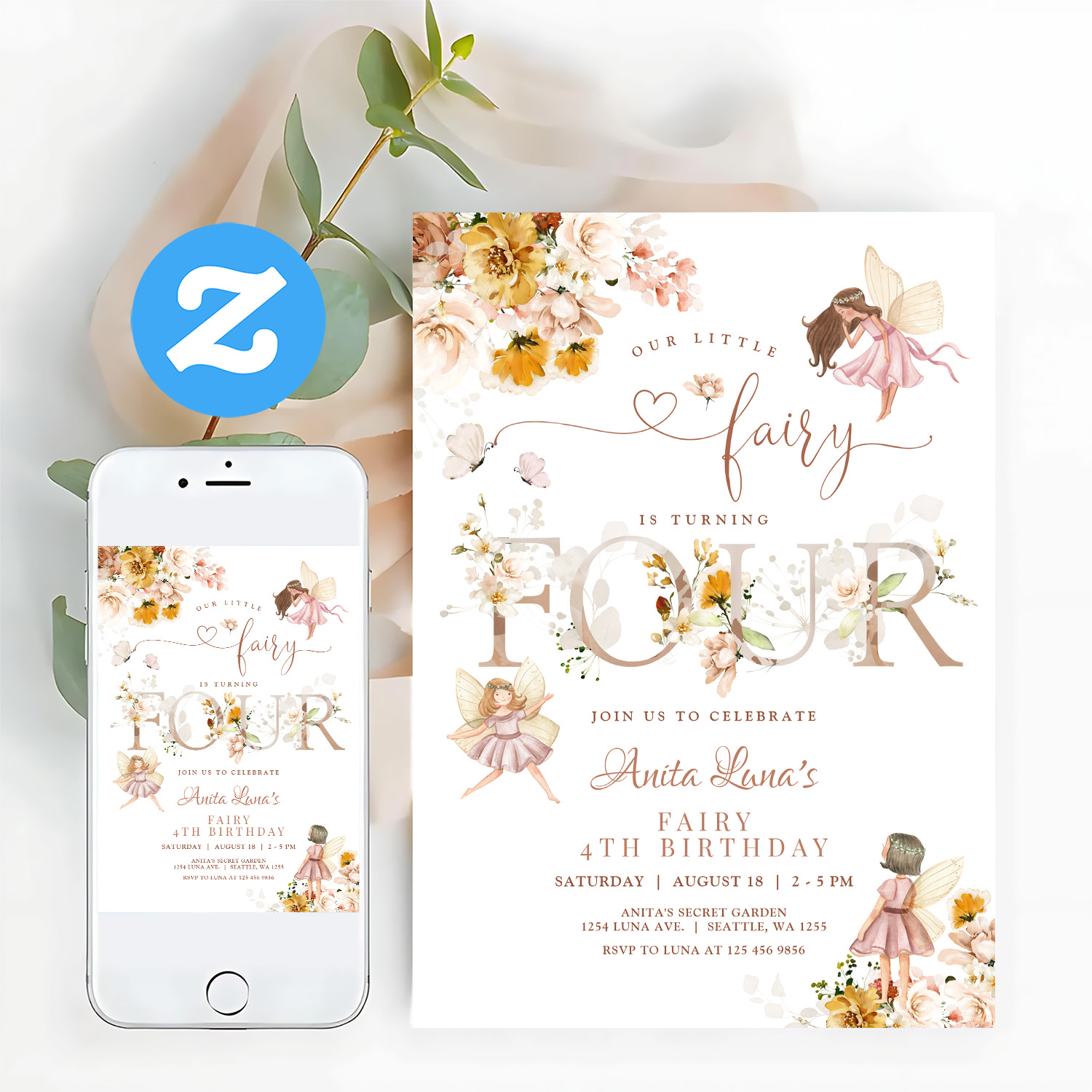 Fairy Butterfly Magical Wildflower 4th Birthday Invitation