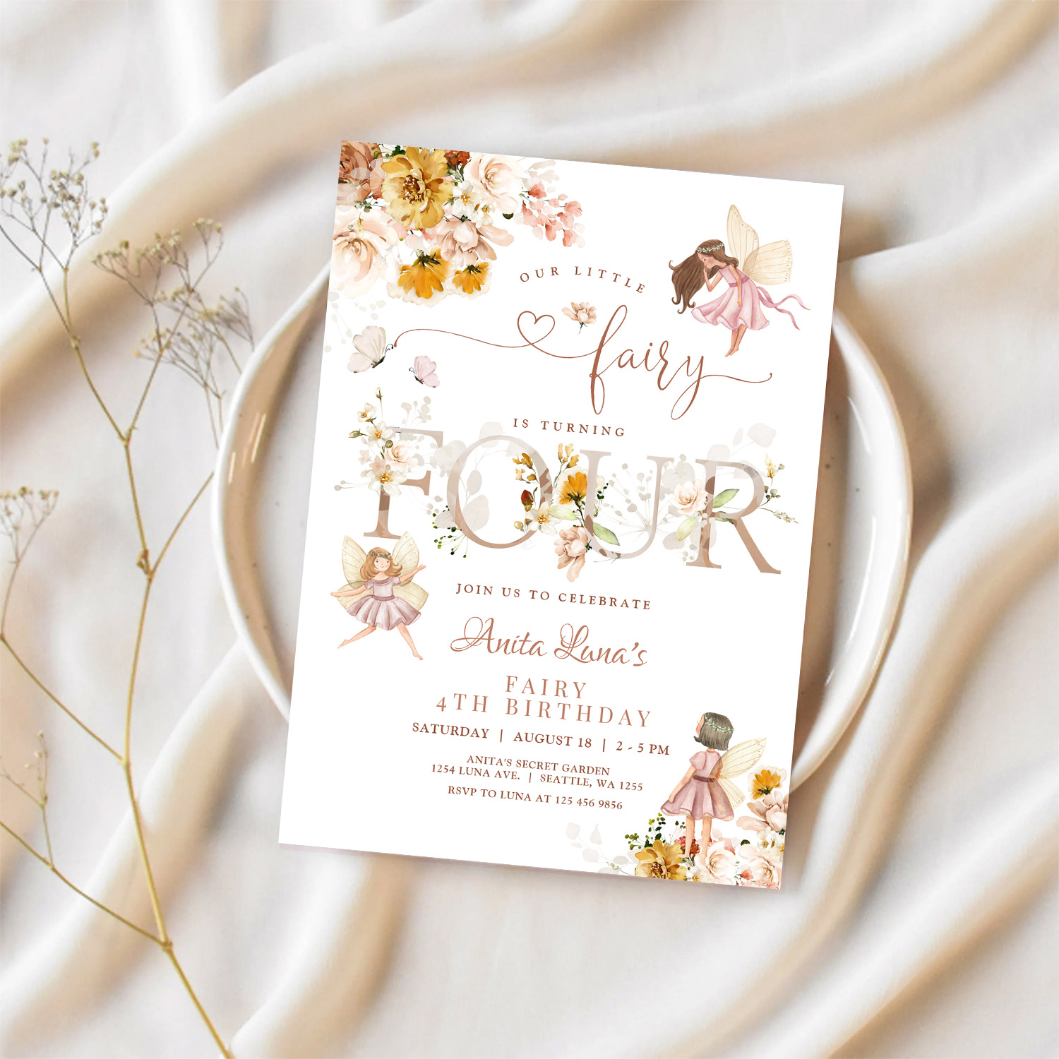 Fairy Butterfly Magical Wildflower 4th Birthday Invitation - Image 2