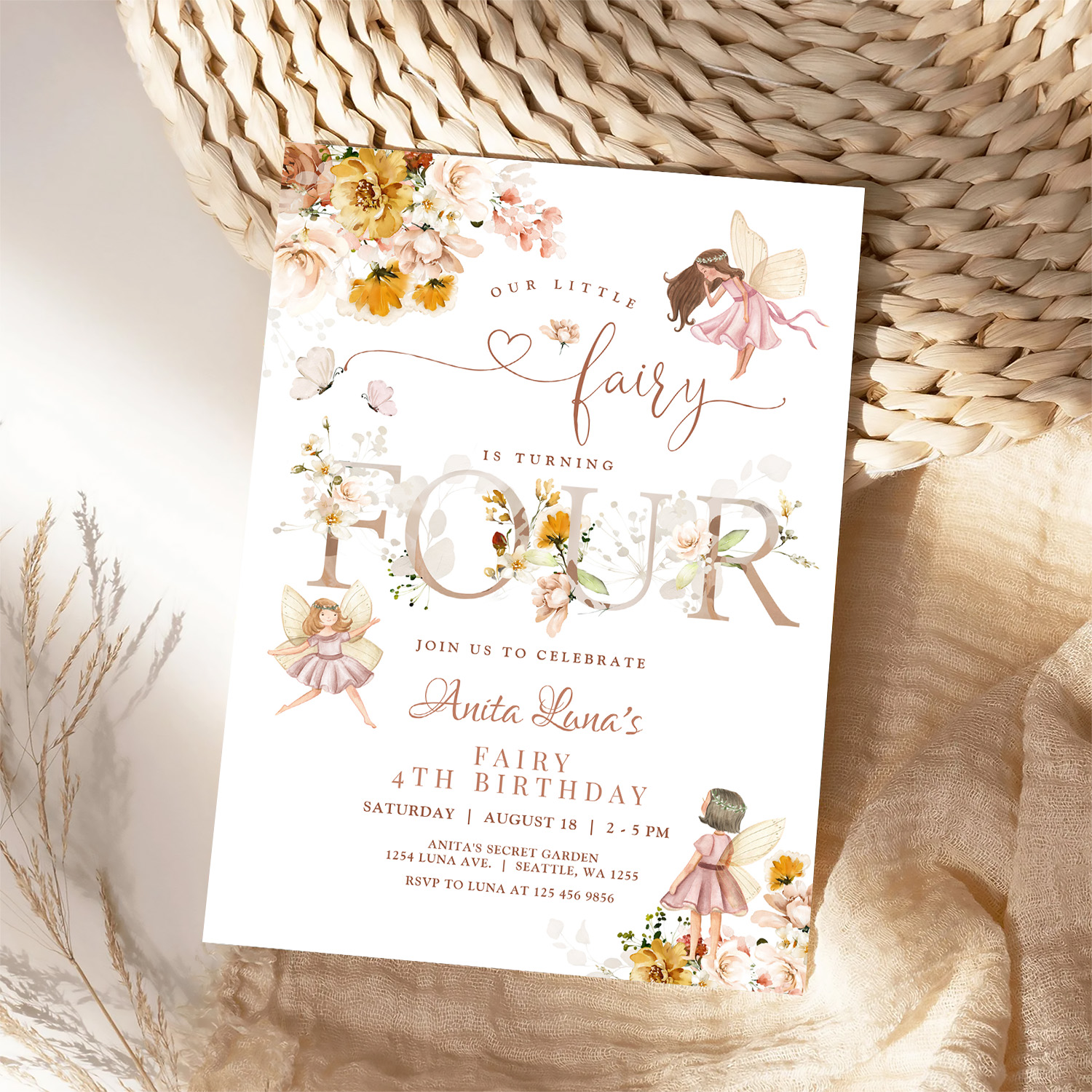 Fairy Butterfly Magical Wildflower 4th Birthday Invitation - Image 4