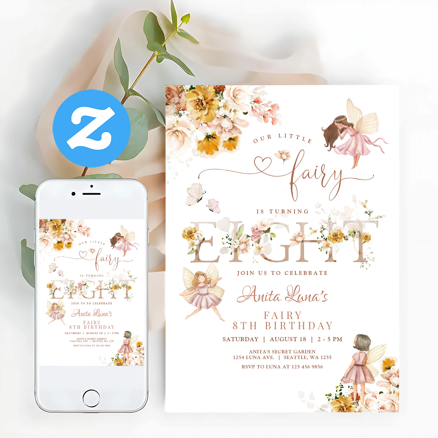 Fairy Butterfly Magical Wildflower 8th Birthday Invitation