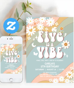 Five Is A Vibe Birthday Daisy Hippie 70S Birthday Invitation