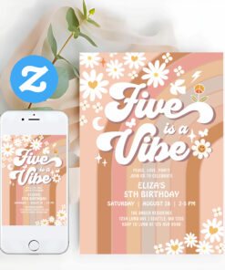 Five Is A Vibe Birthday Invite Hippie 70S Birthday