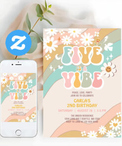 Five Is A Vibe Daisy Hippie Groovy Retro Birthday Invitation