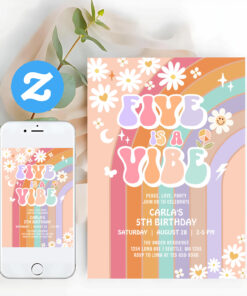 Five Is A Vibe Daisy Rainbow Groovy 5th Birthday Invitation