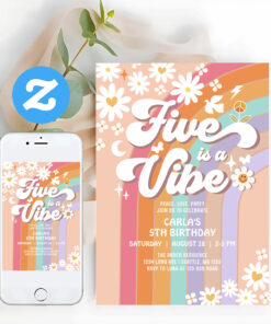 Five Is A Vibe Daisy Rainbow Groovy Retro Birthday Invitation