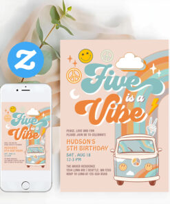 Five Is A Vibe Fall Boy Groovy 5th Birthday Invitation