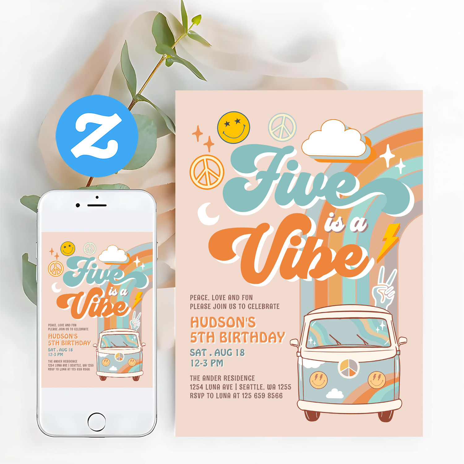 Five Is A Vibe Fall Boy Groovy 5th Birthday Invitation